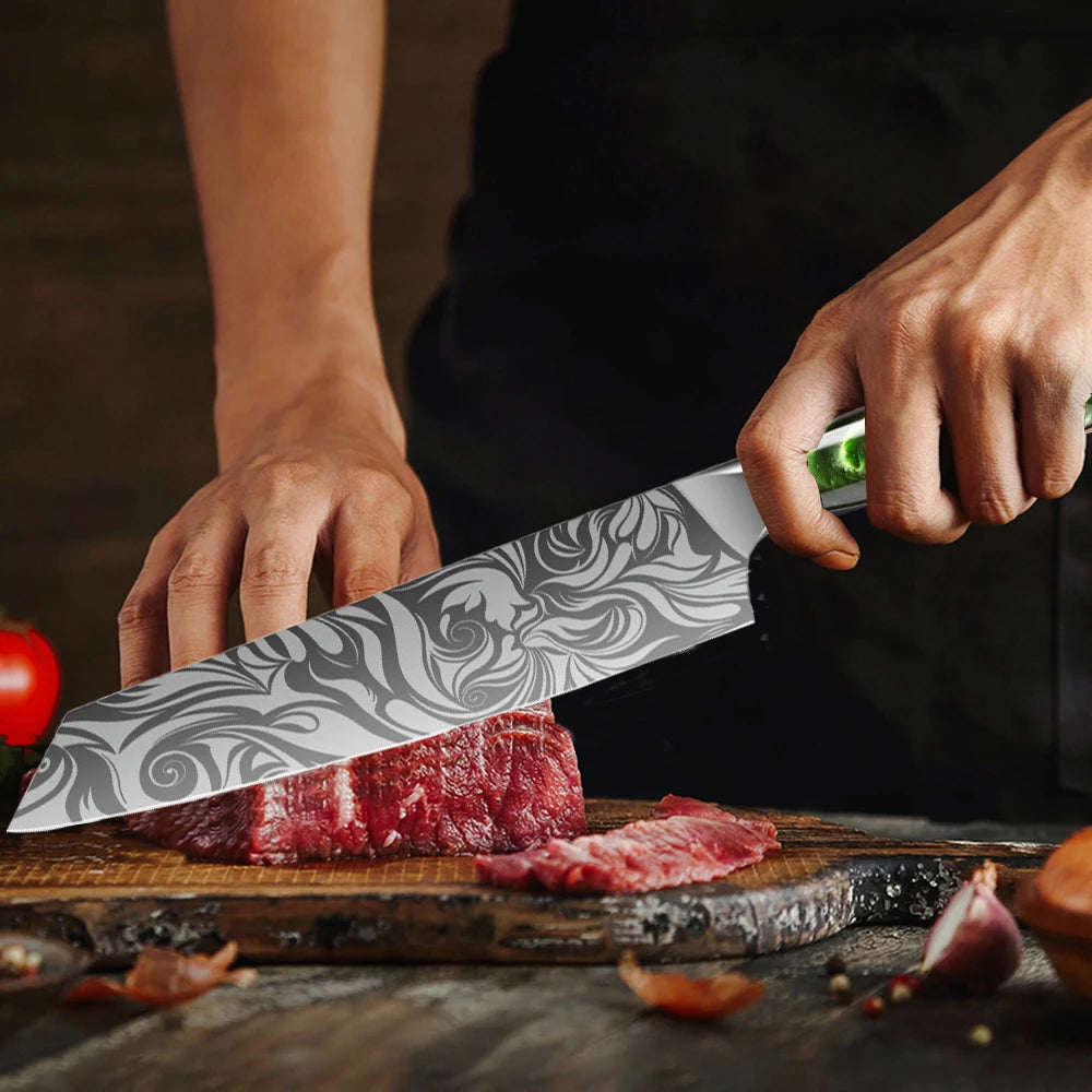 Damascus patterned knife set