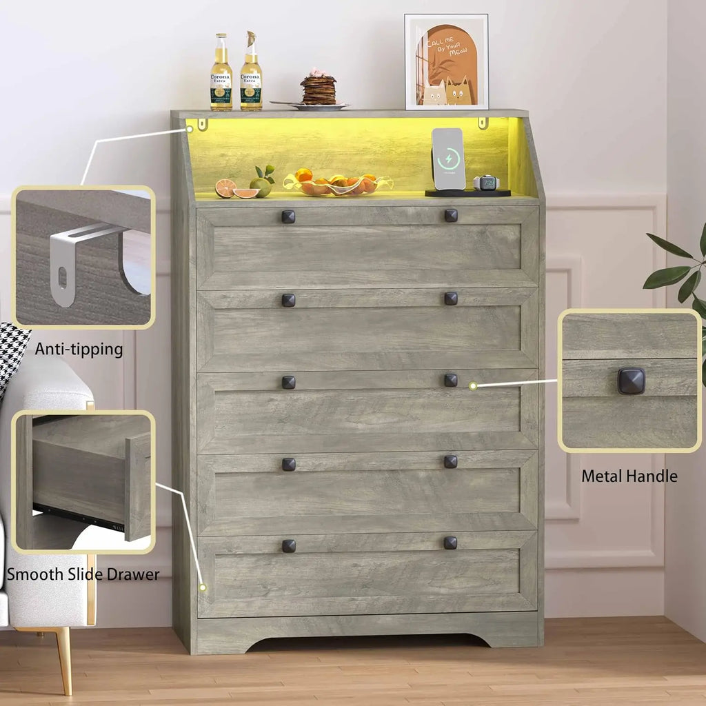 Wood Chest of Drawers with LED Lights, Charging Station
