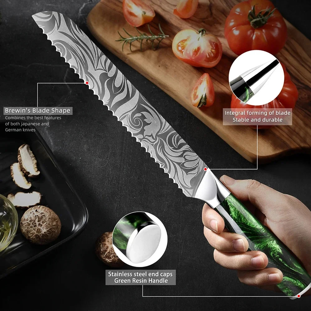 Damascus patterned knife set