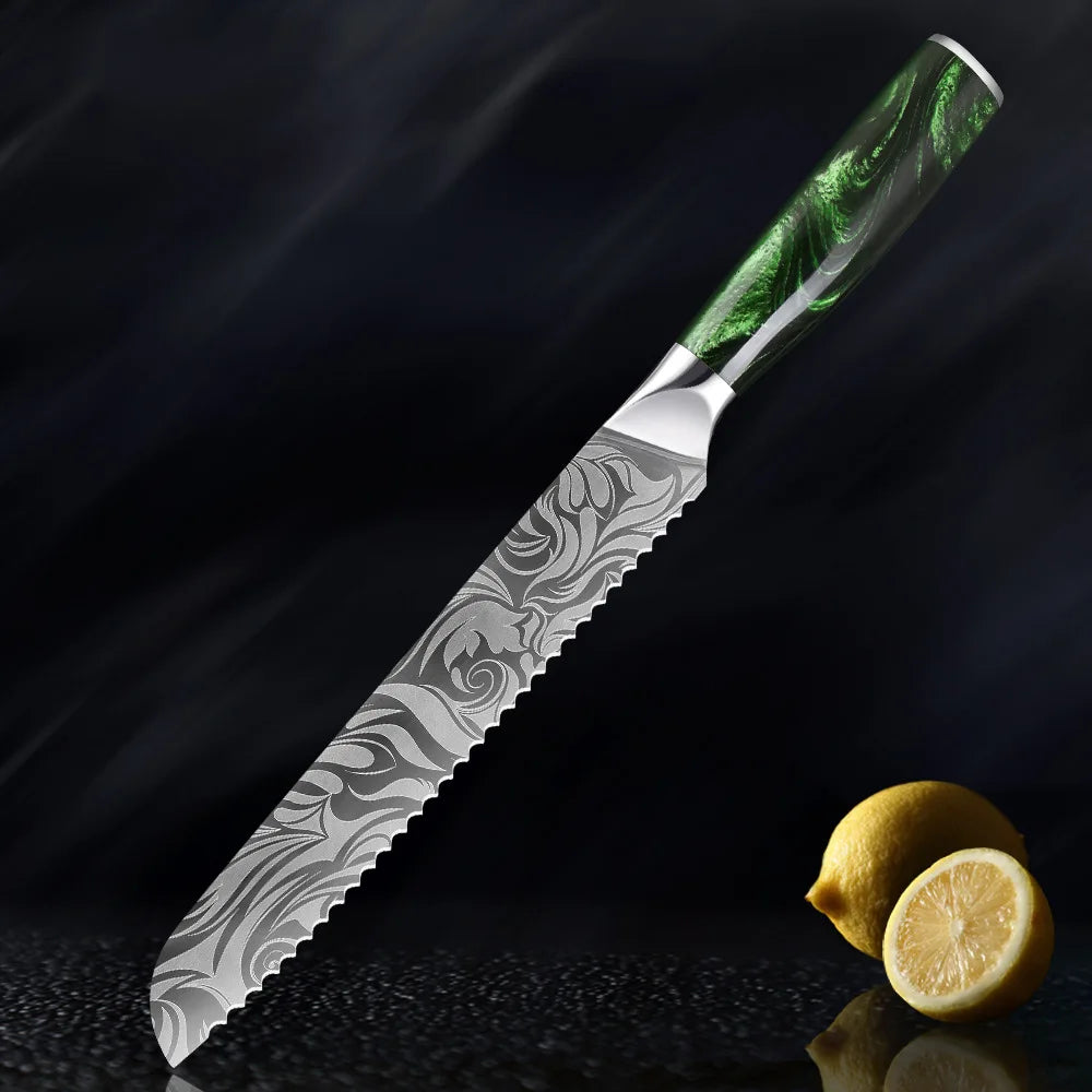 Damascus patterned knife set