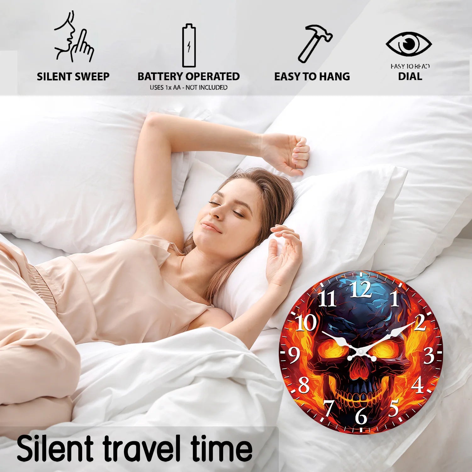 Flame Skull Pattern Wooden Wall Clock