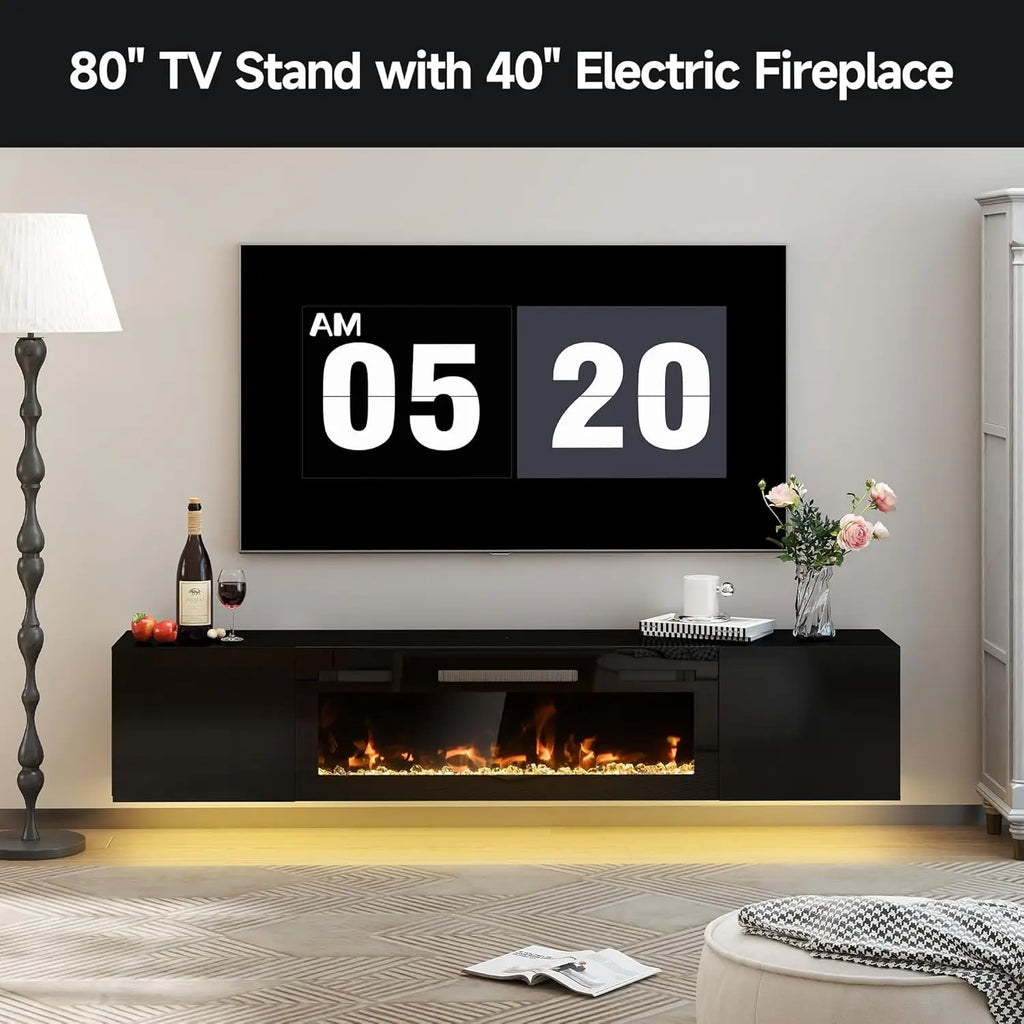 80in Floating TV Stand with Electric Fireplace