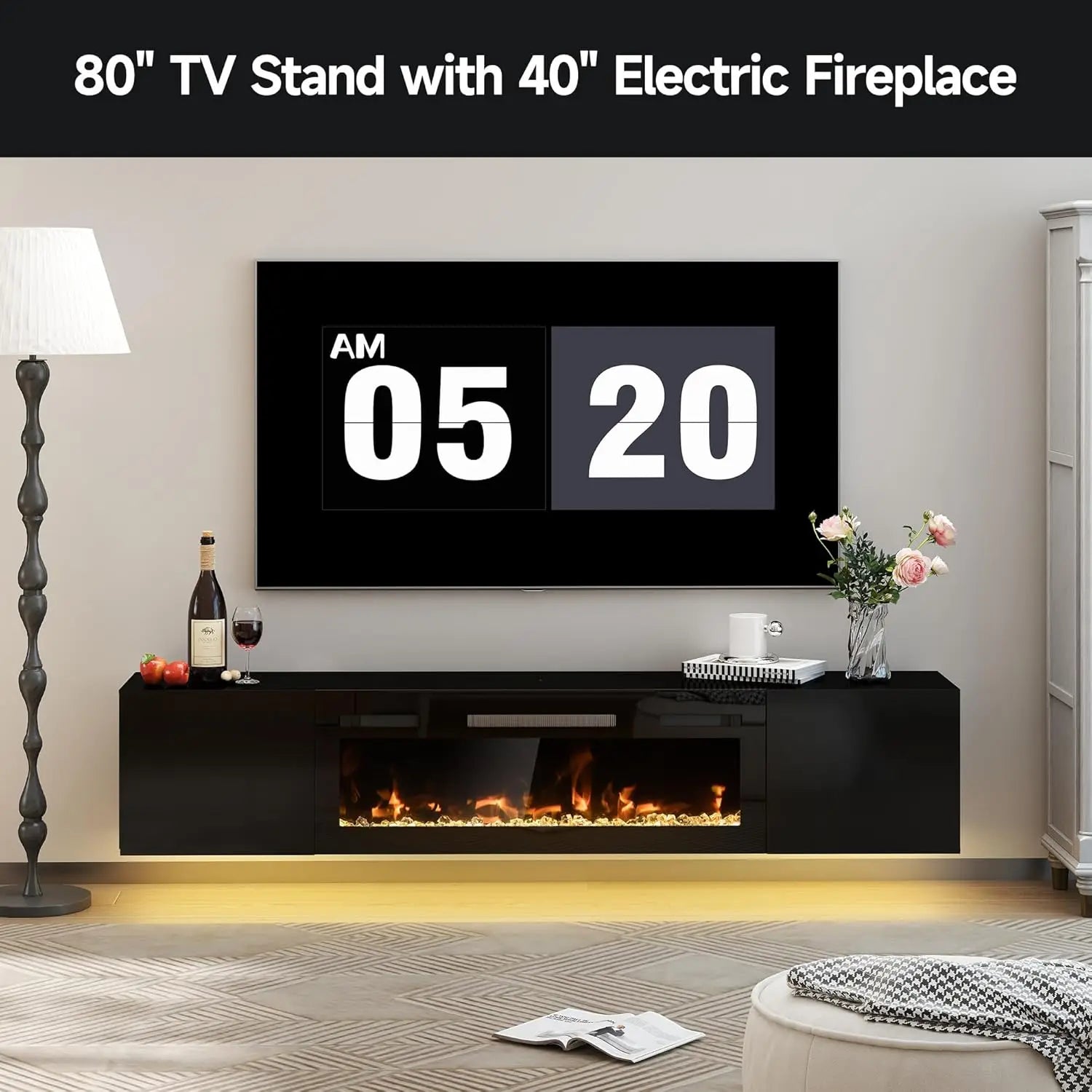 80in Floating TV Stand with Electric Fireplace