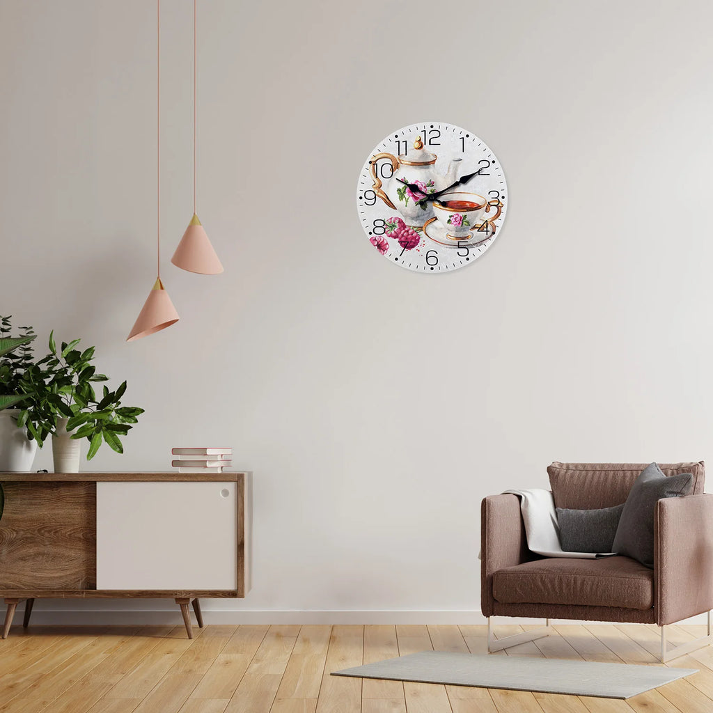 Teapot and Teacup Pattern Wooden Wall Clock