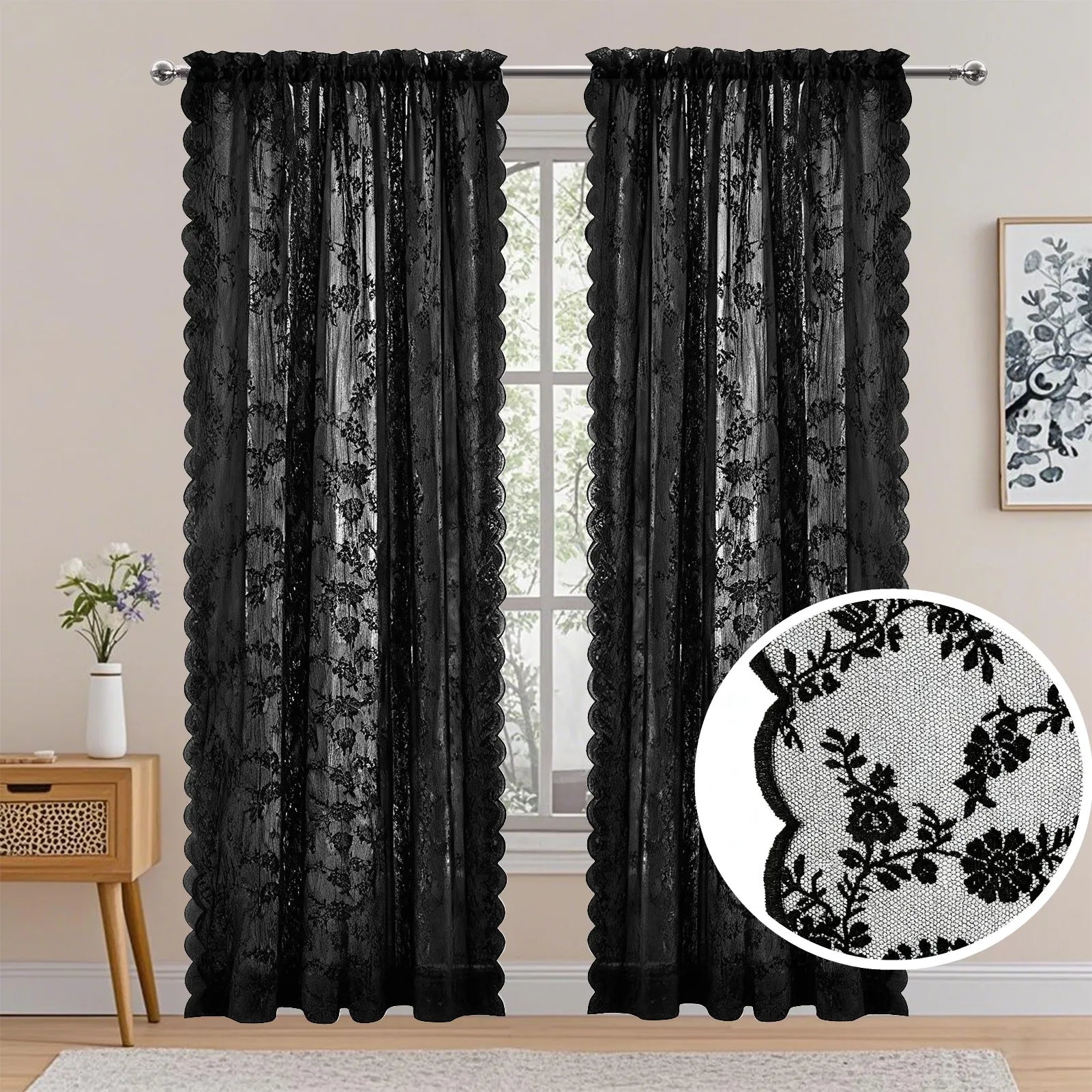 2 Panels Vintage Lace Long-Romantic Flowers