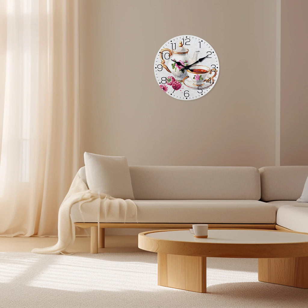 Teapot and Teacup Pattern Wooden Wall Clock