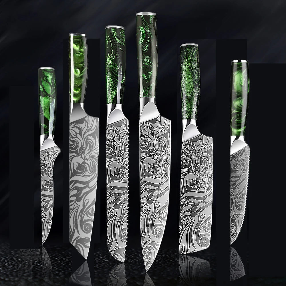 Damascus patterned knife set