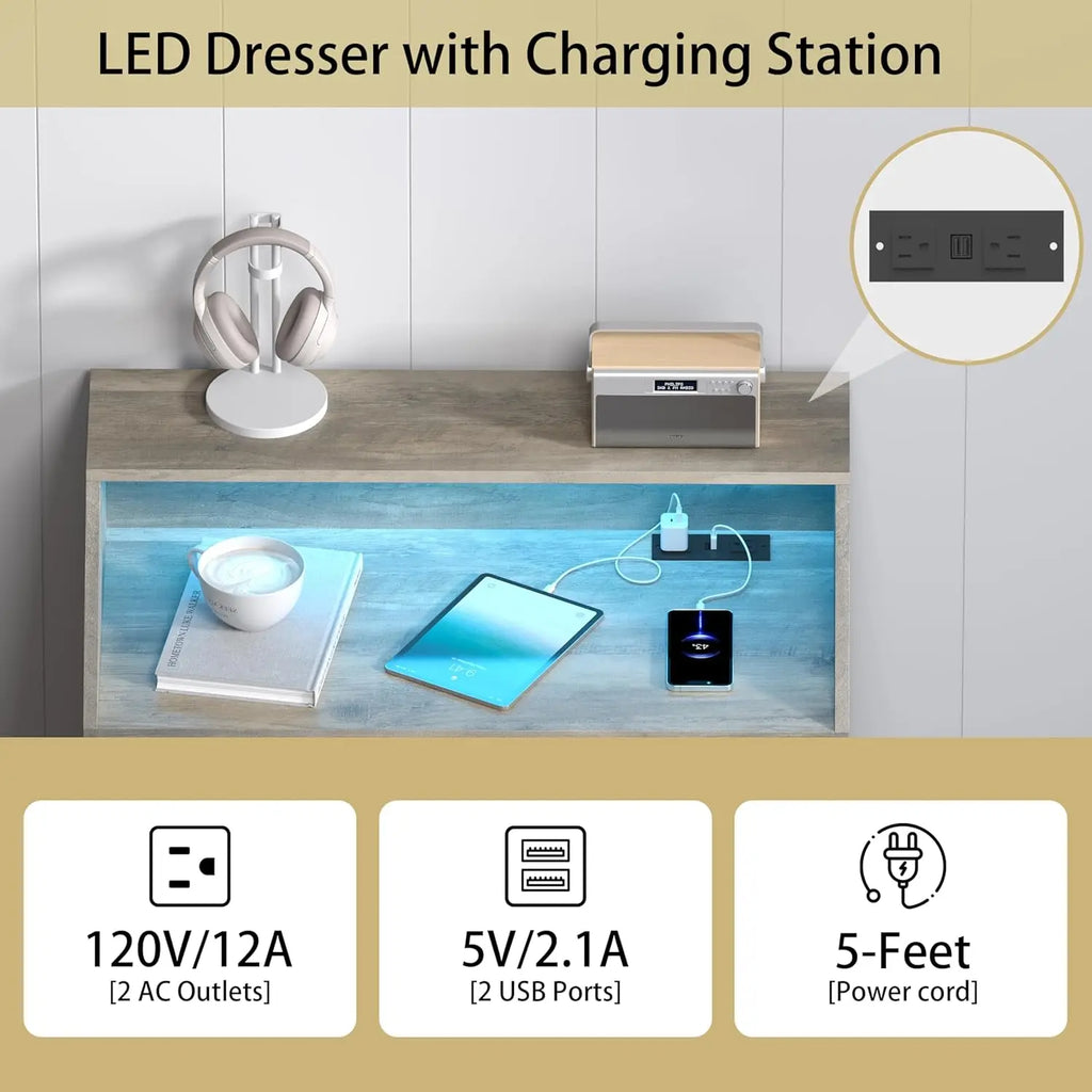 Wood Chest of Drawers with LED Lights, Charging Station