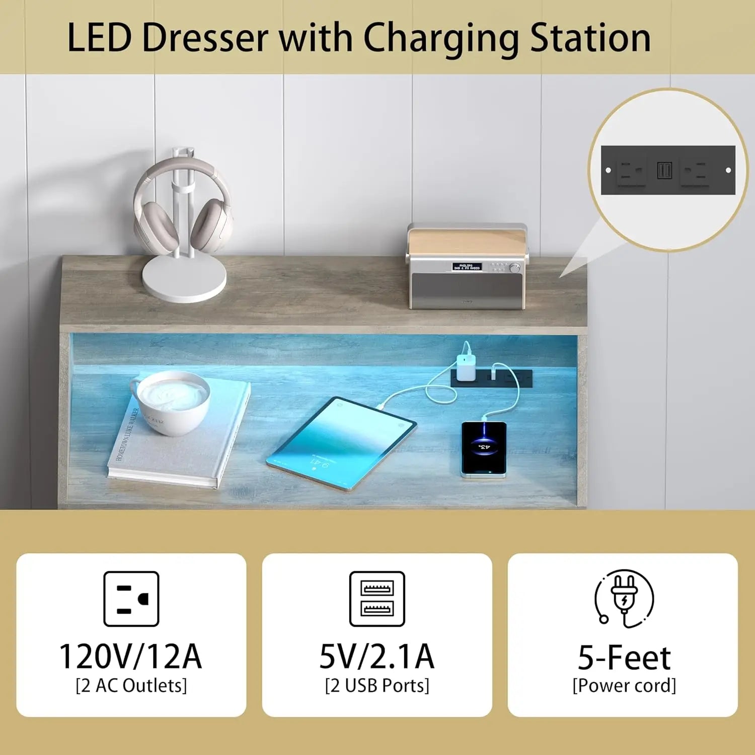Wood Chest of Drawers with LED Lights, Charging Station