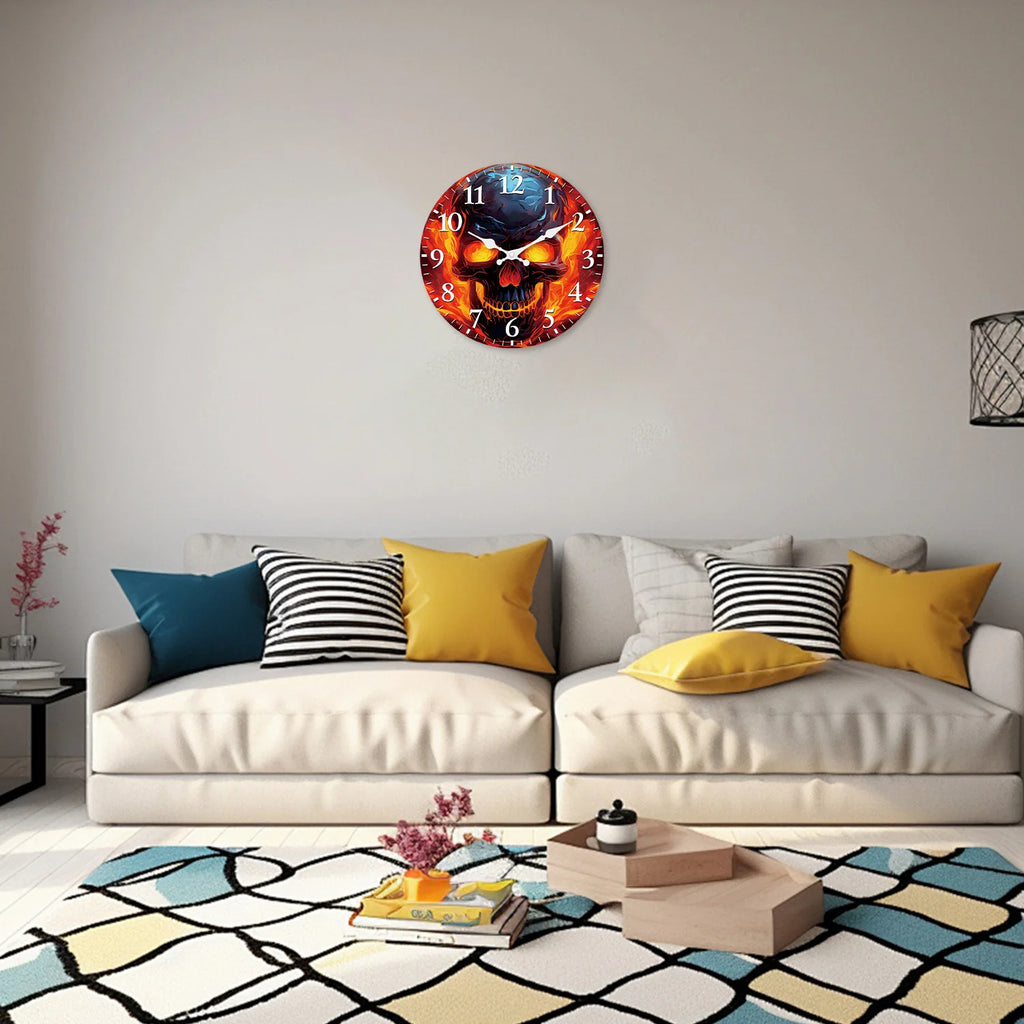 Flame Skull Pattern Wooden Wall Clock