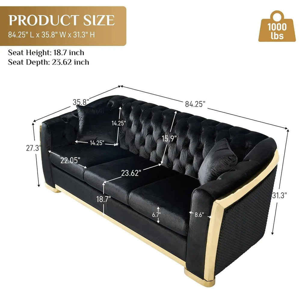 84" Velvet Couch Black And Gold