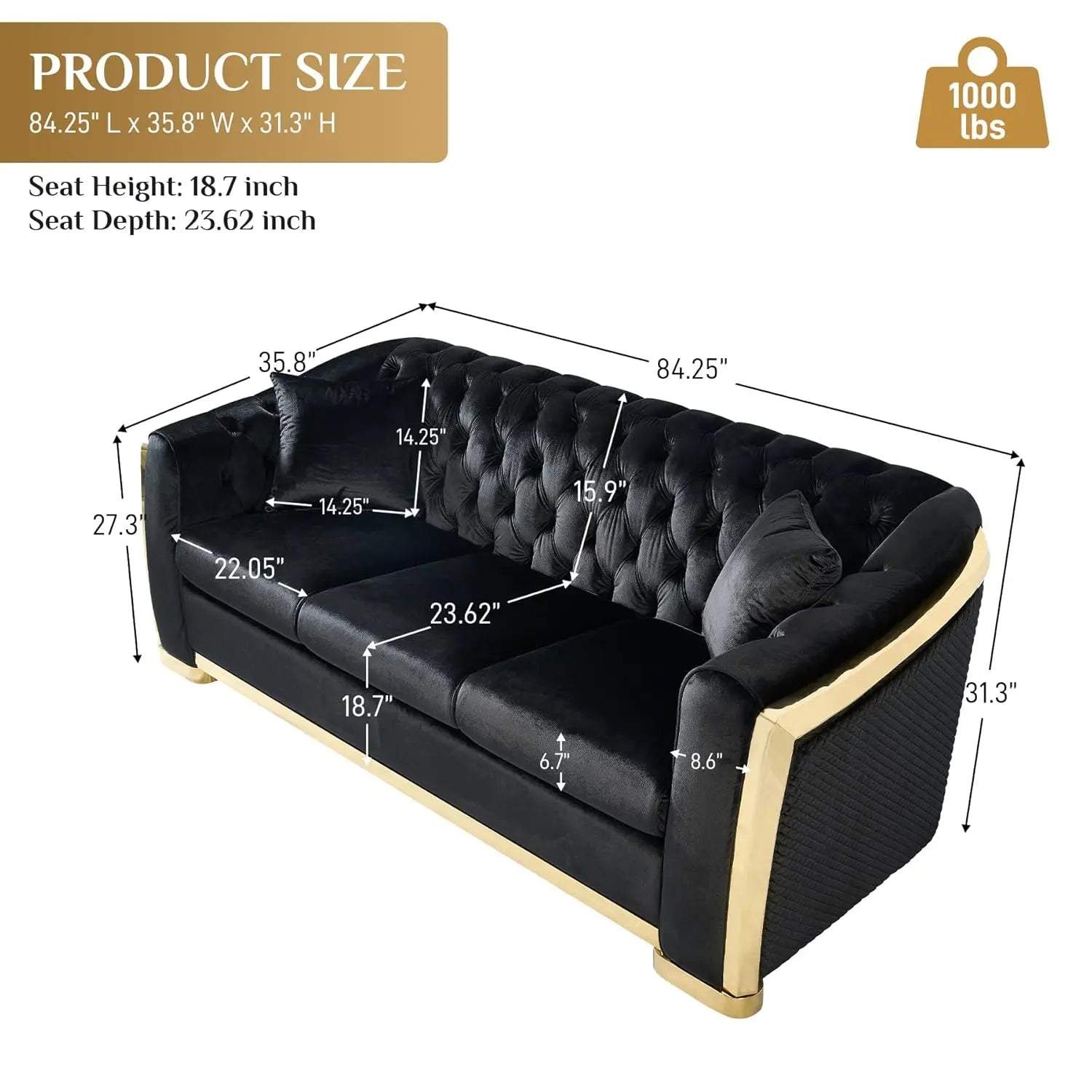 84" Velvet Couch Black And Gold
