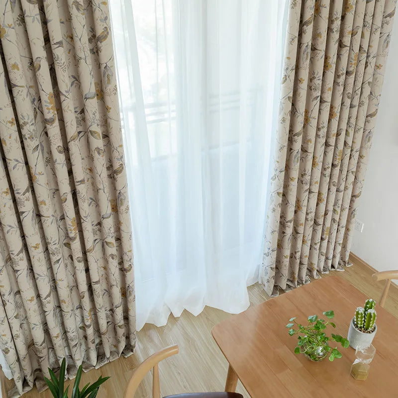 Cotton Linen Curtains for Living Room Beige Branch Printed Window Curtain for Bedroom Vintage Window Drapes Blind Panels Decor