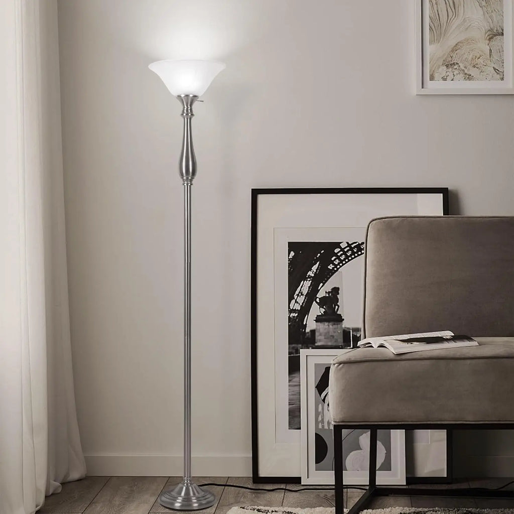 Torchiere Floor Lamp, White Alabaster Glass Shade