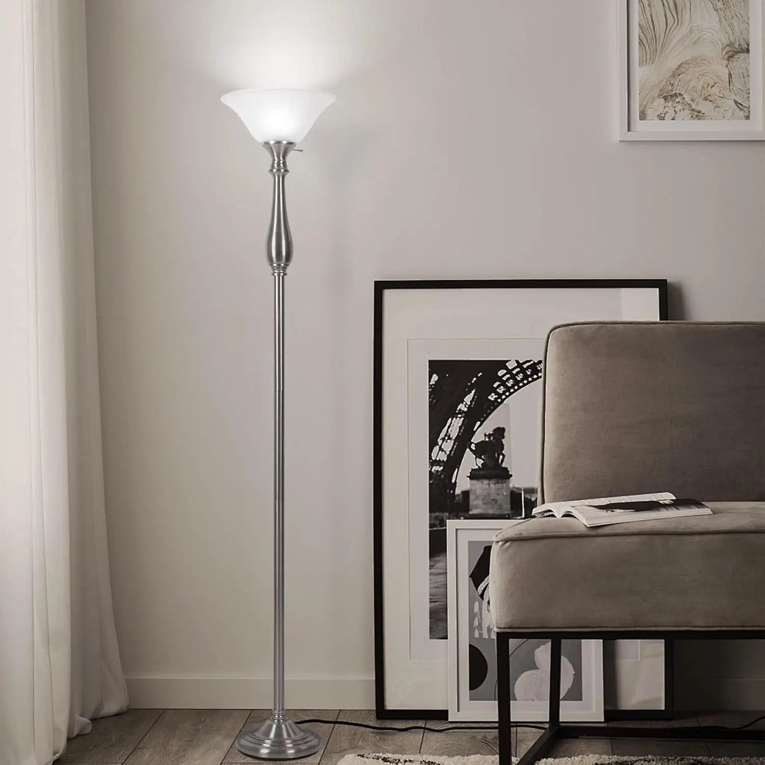 Torchiere Floor Lamp, White Alabaster Glass Shade