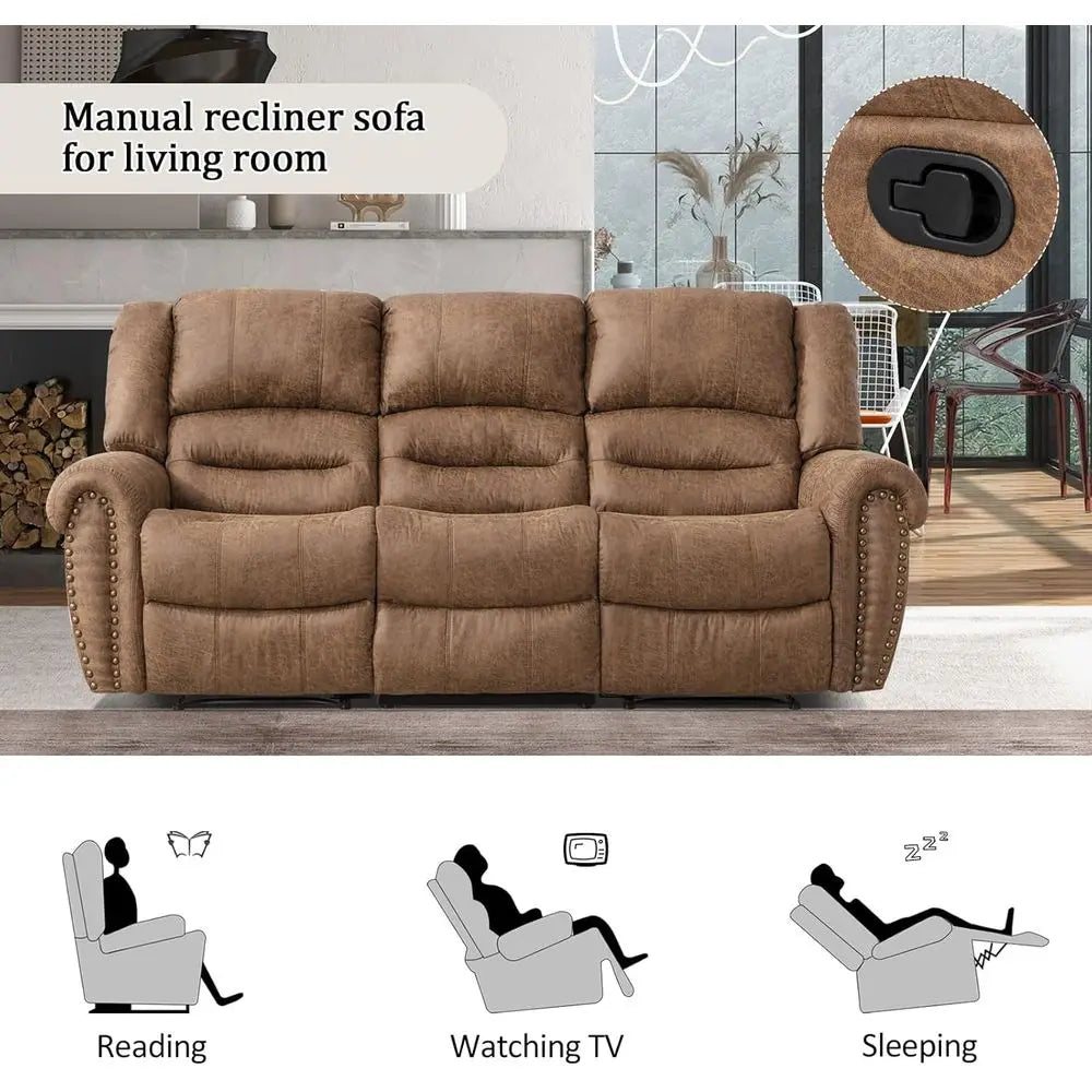 Nut Brown Leather 3-Seat Reclining Sofa