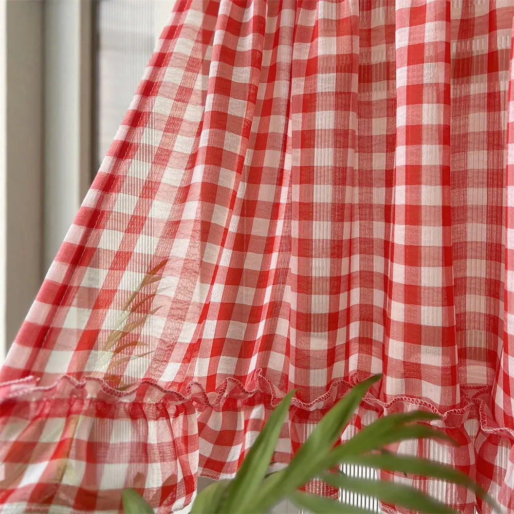 Red Plaid Ruffle Short Cafe Curtains