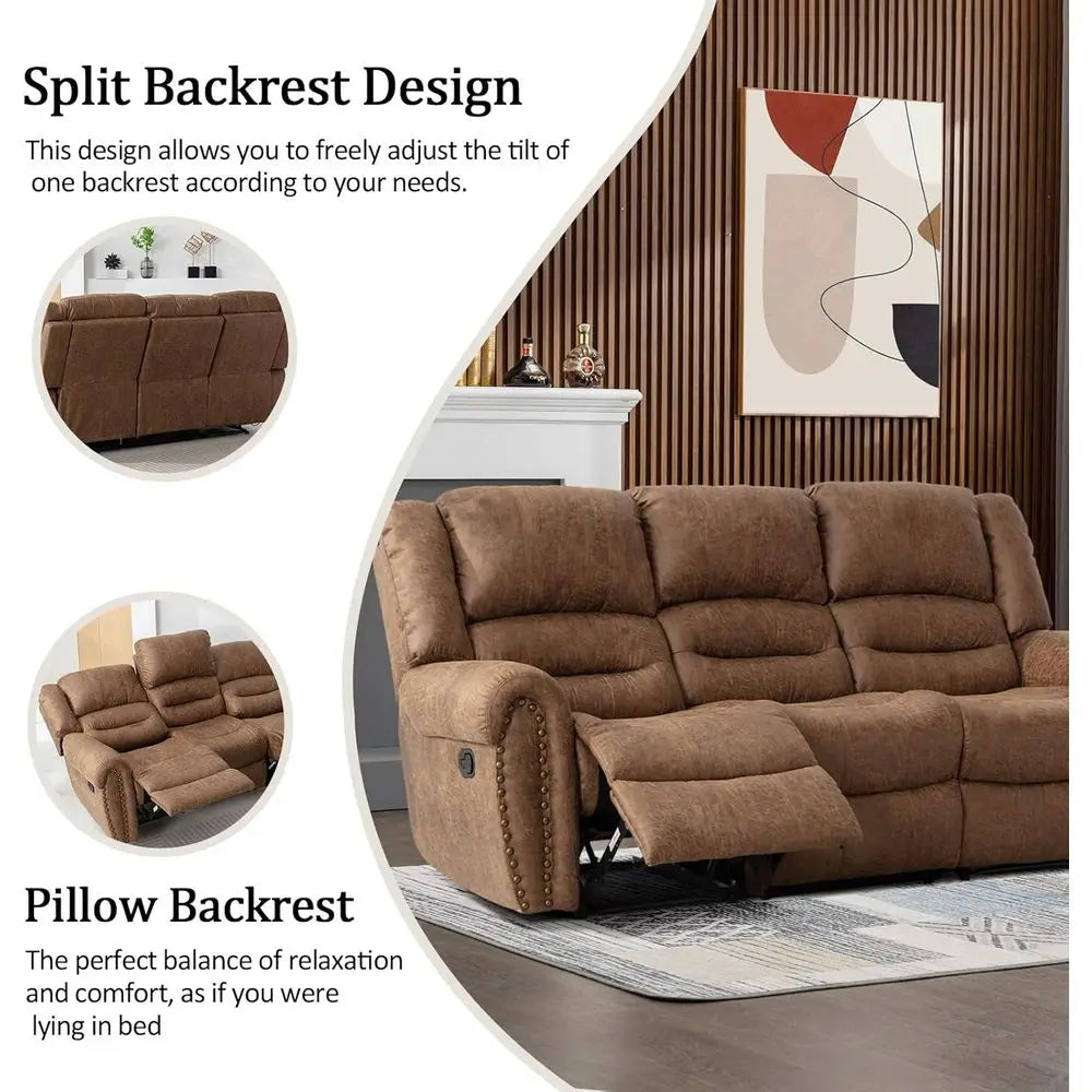 Nut Brown Leather 3-Seat Reclining Sofa
