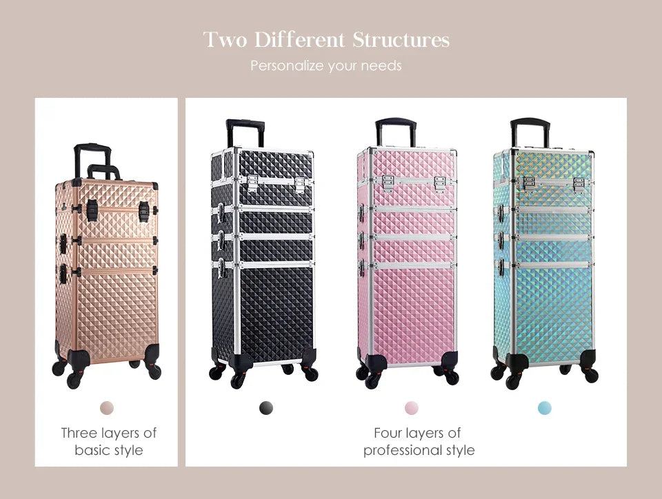 Makeup Trolley Case Detachable 4 in 1 Alloy Train Briefcase for Nail Manicure on Wheels Lock Salon Large Capacity Storage Case