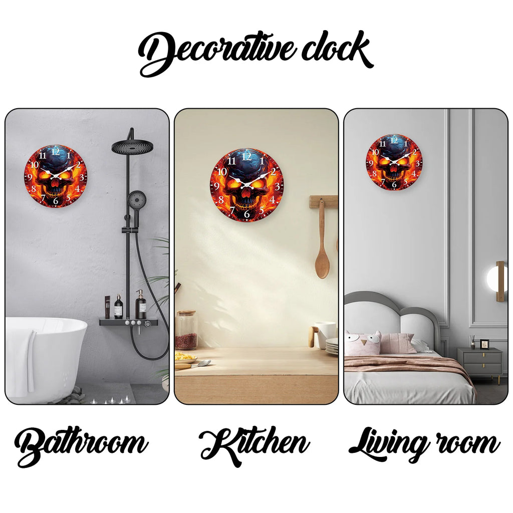Flame Skull Pattern Wooden Wall Clock
