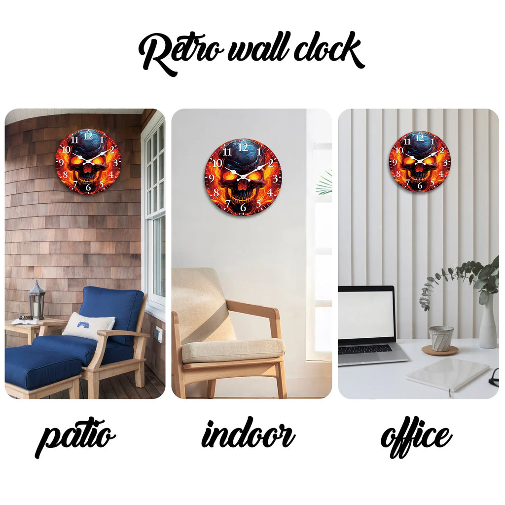 Flame Skull Pattern Wooden Wall Clock