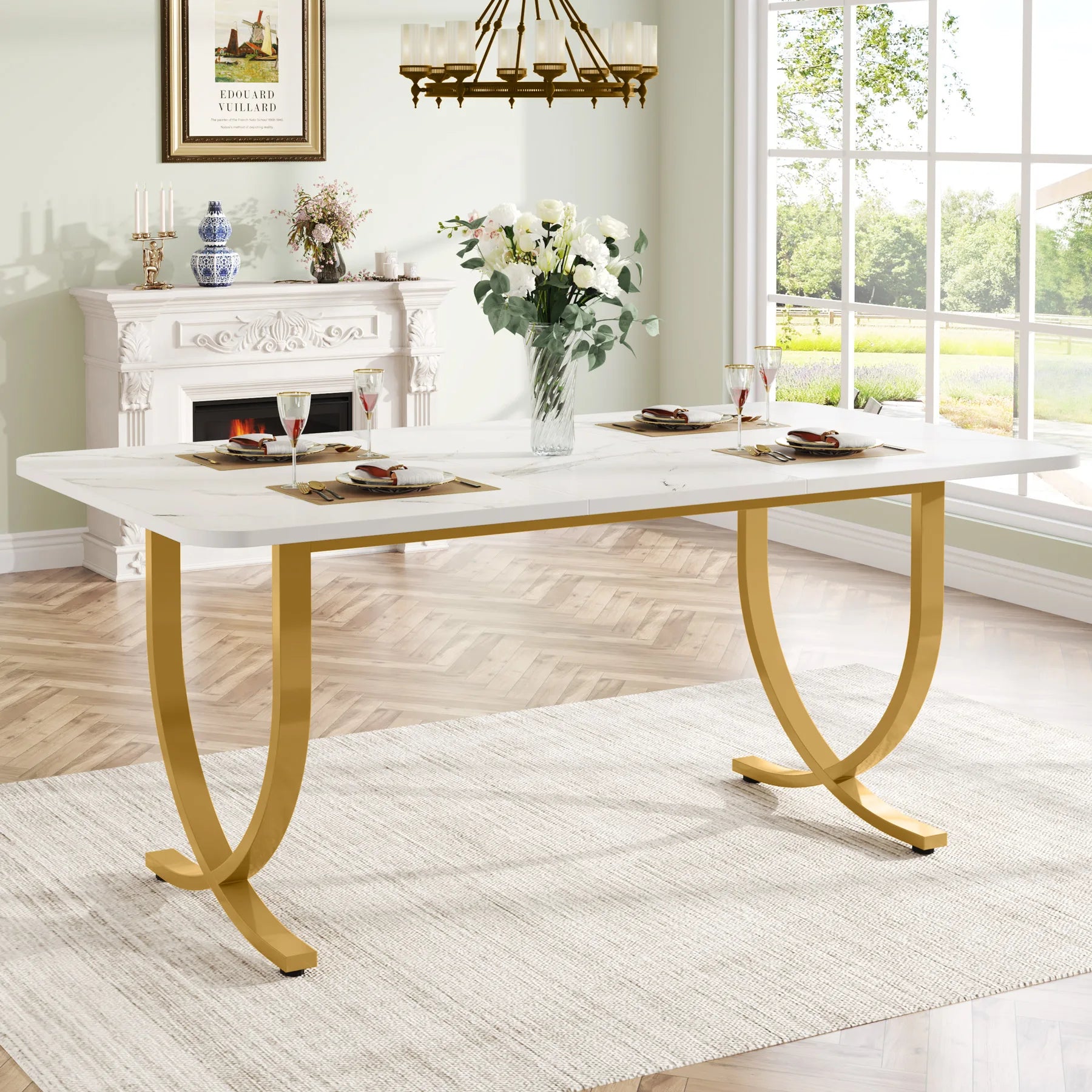 Dining Table with Faux Marble Table Top