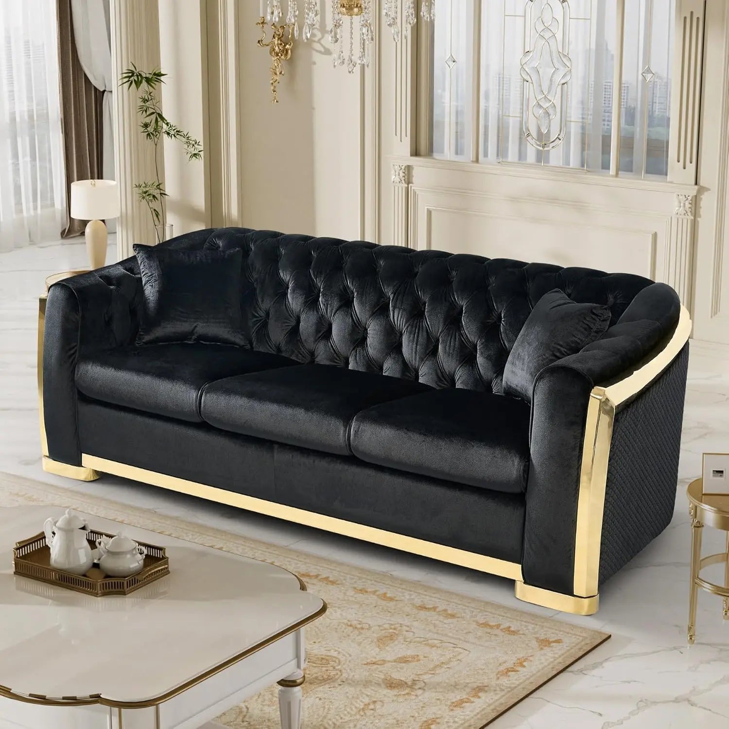 84" Velvet Couch Black And Gold