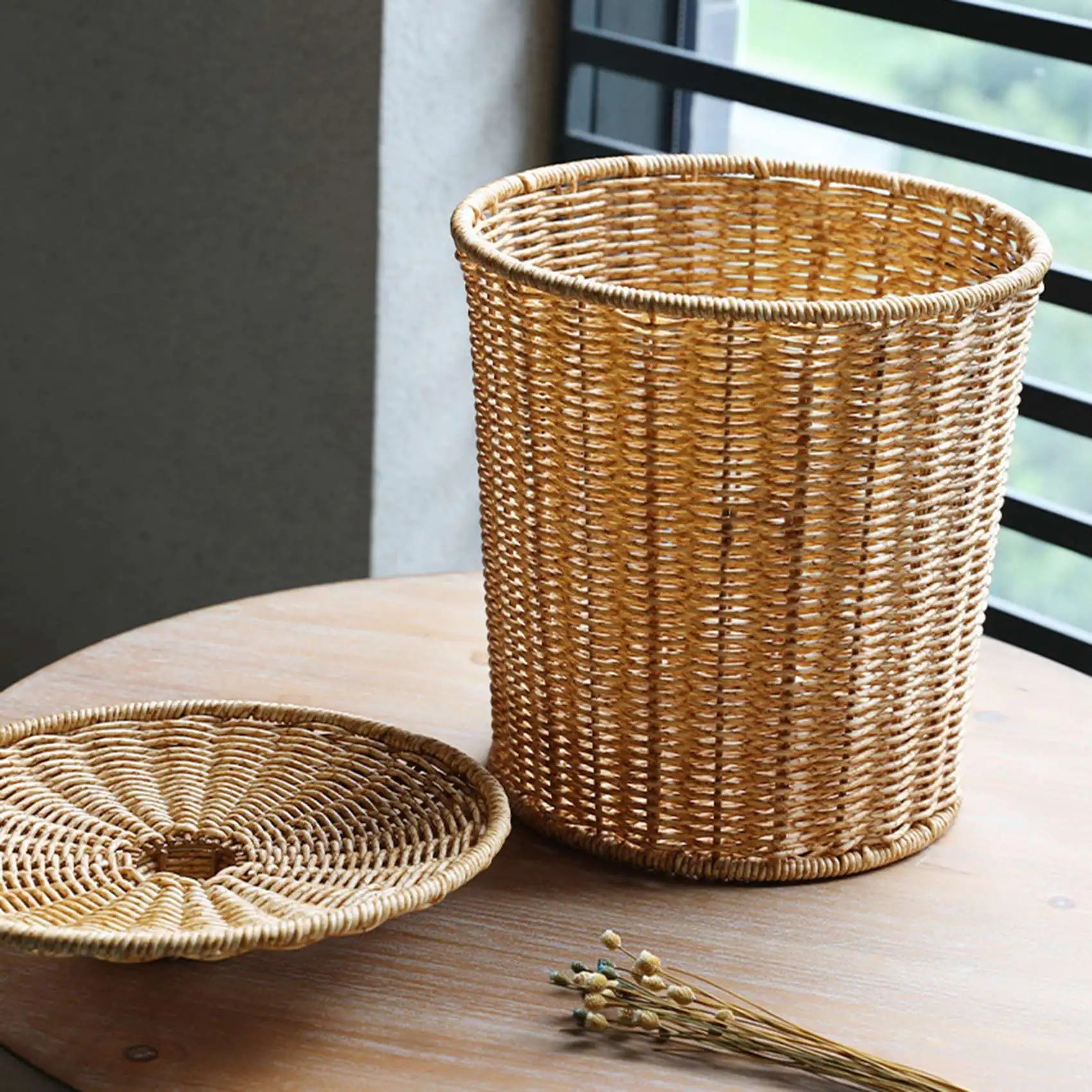 Woven Basket Trash Can Round Rattan