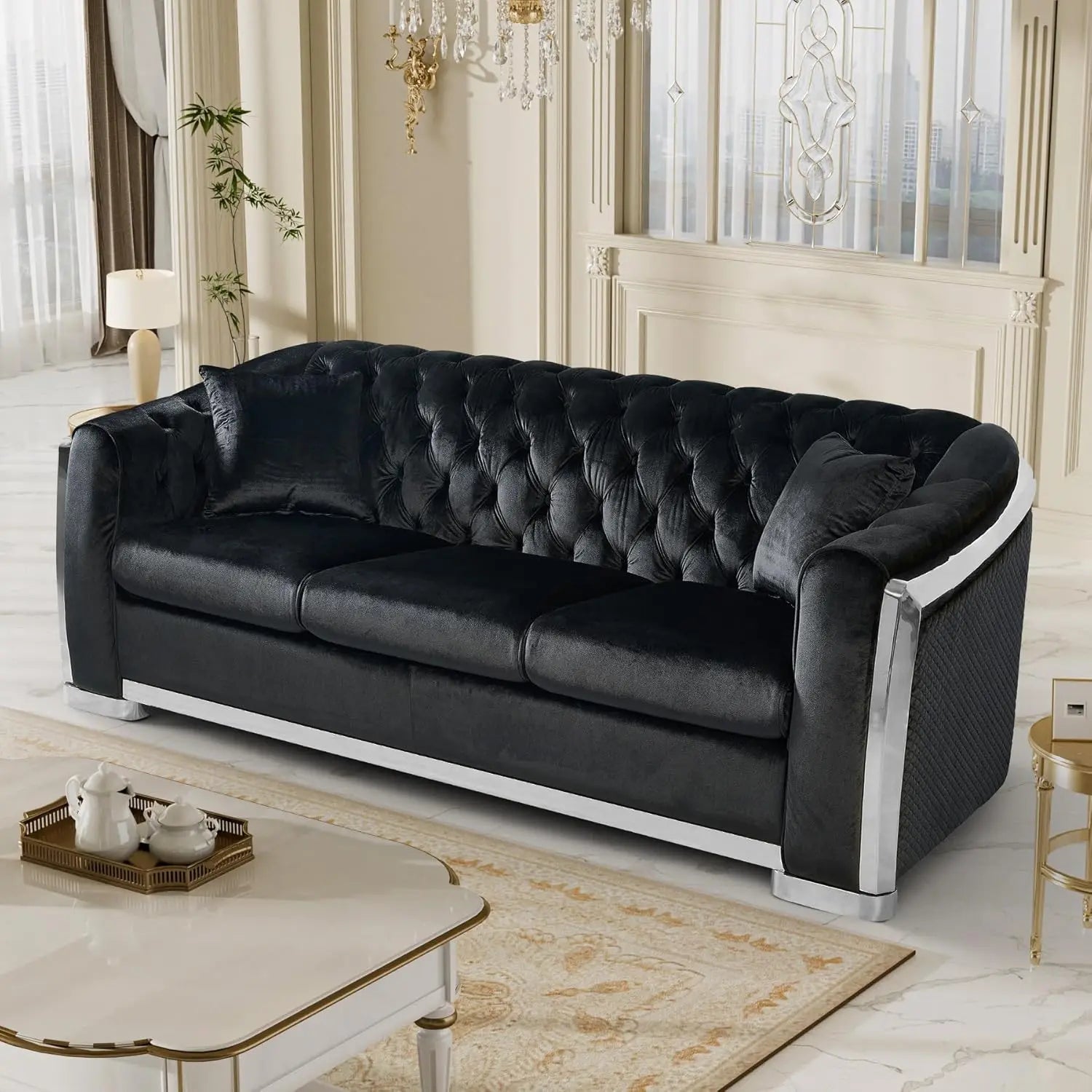 84" Velvet Couch Black And Gold