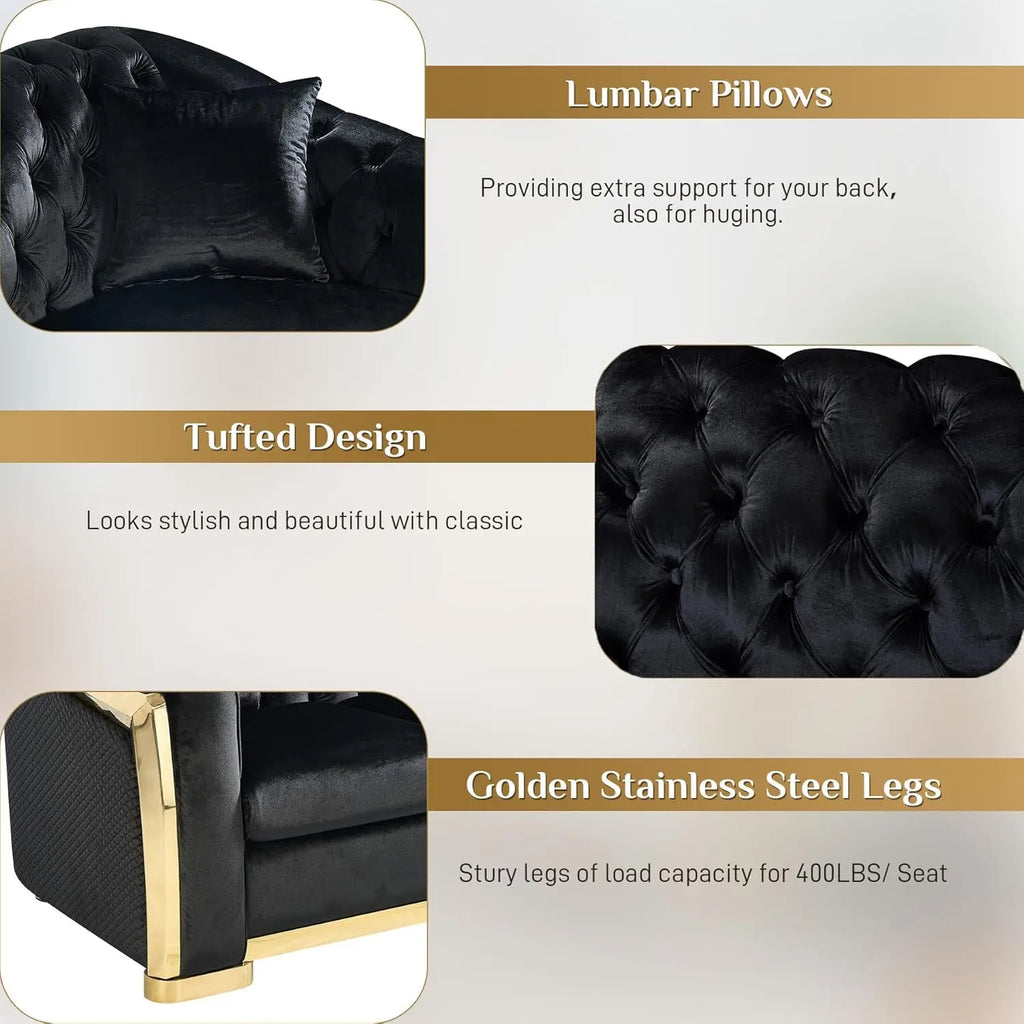 84" Velvet Couch Black And Gold