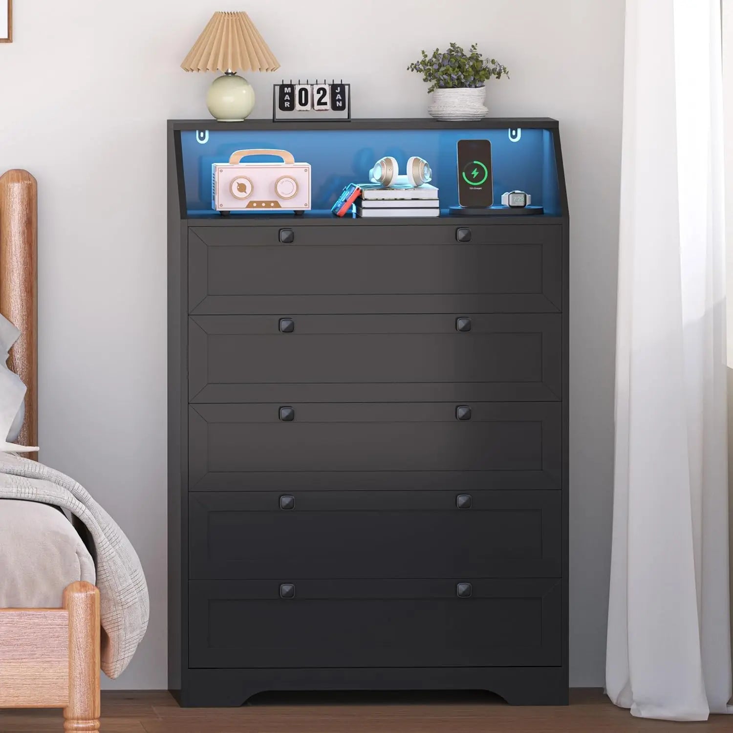 Wood Chest of Drawers with LED Lights, Charging Station