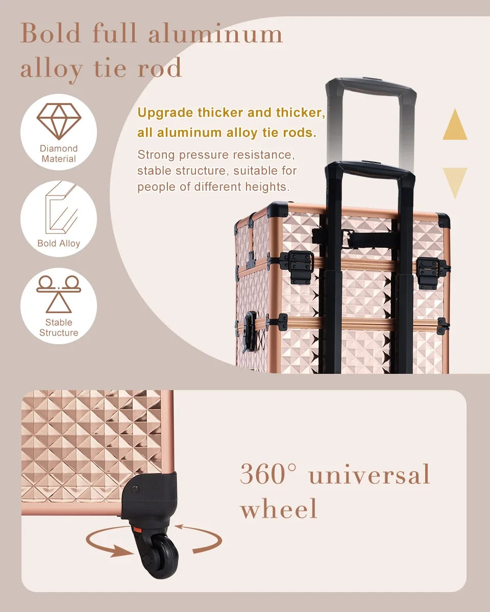 Makeup Trolley Case Detachable 4 in 1 Alloy Train Briefcase for Nail Manicure on Wheels Lock Salon Large Capacity Storage Case