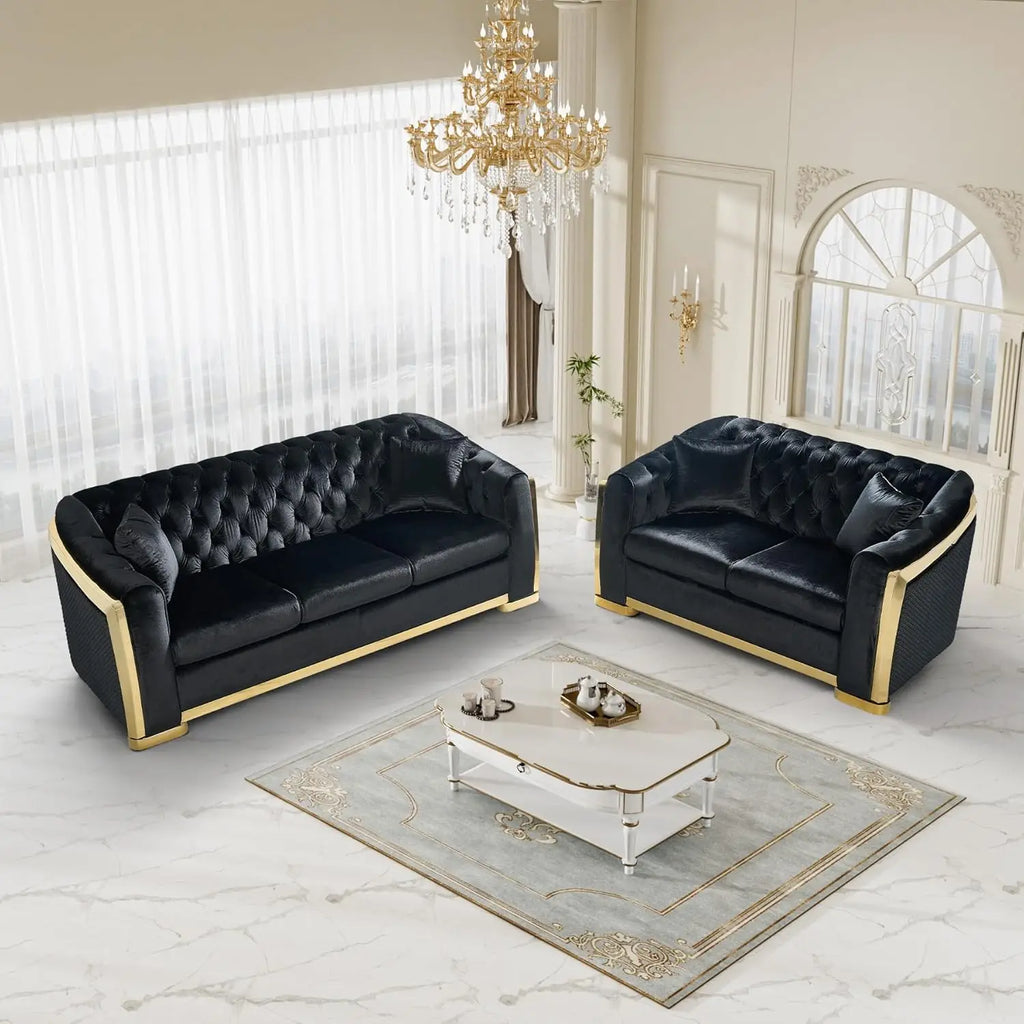 84" Velvet Couch Black And Gold