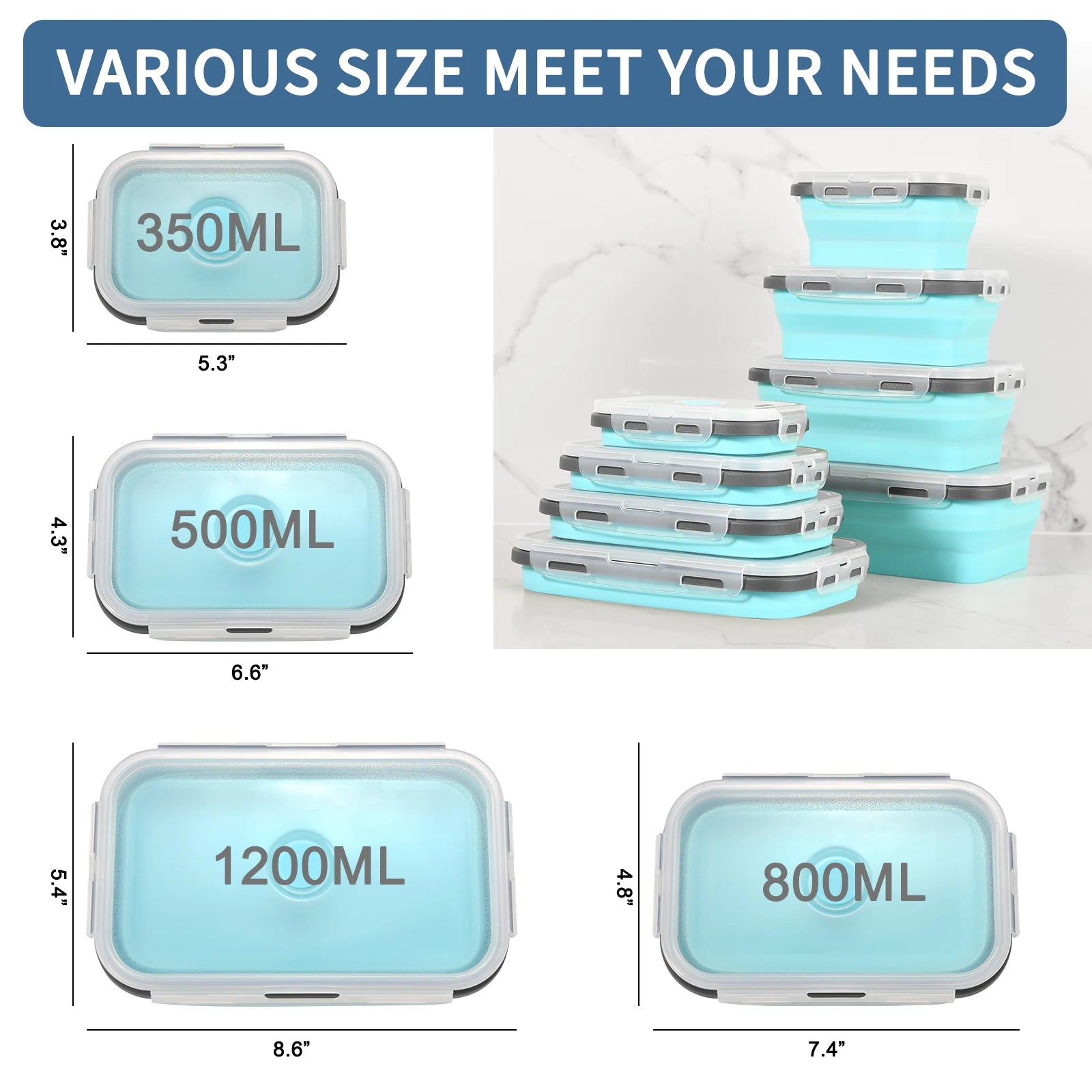 4 Pcs Blue Silicone Collapsible Square Food Storage