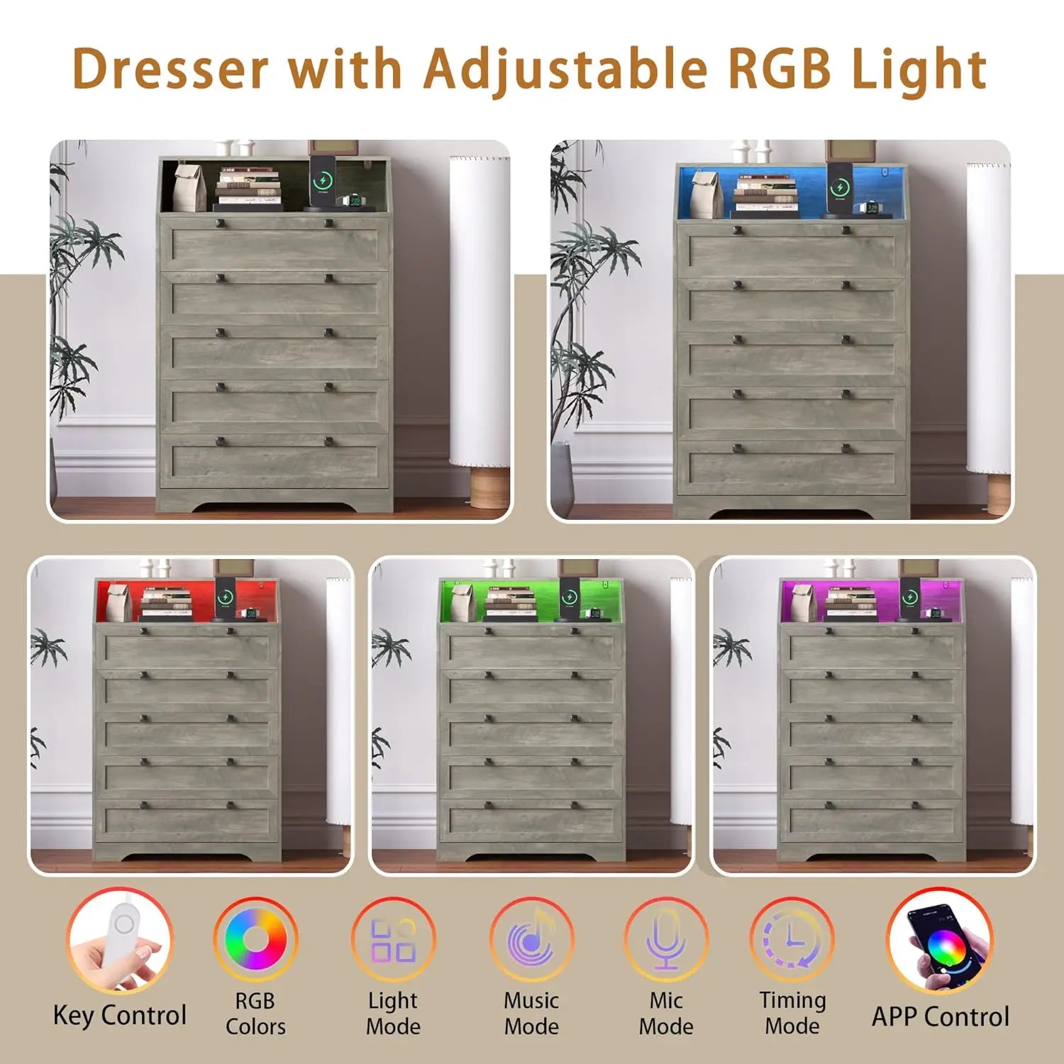 Wood Chest of Drawers with LED Lights, Charging Station