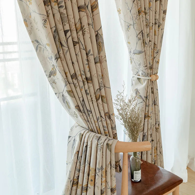 Cotton Linen Curtains for Living Room Beige Branch Printed Window Curtain for Bedroom Vintage Window Drapes Blind Panels Decor