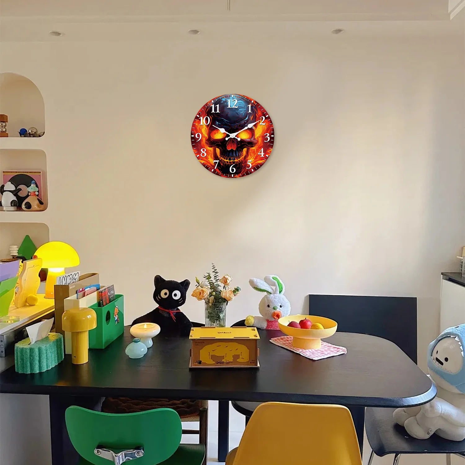 Flame Skull Pattern Wooden Wall Clock