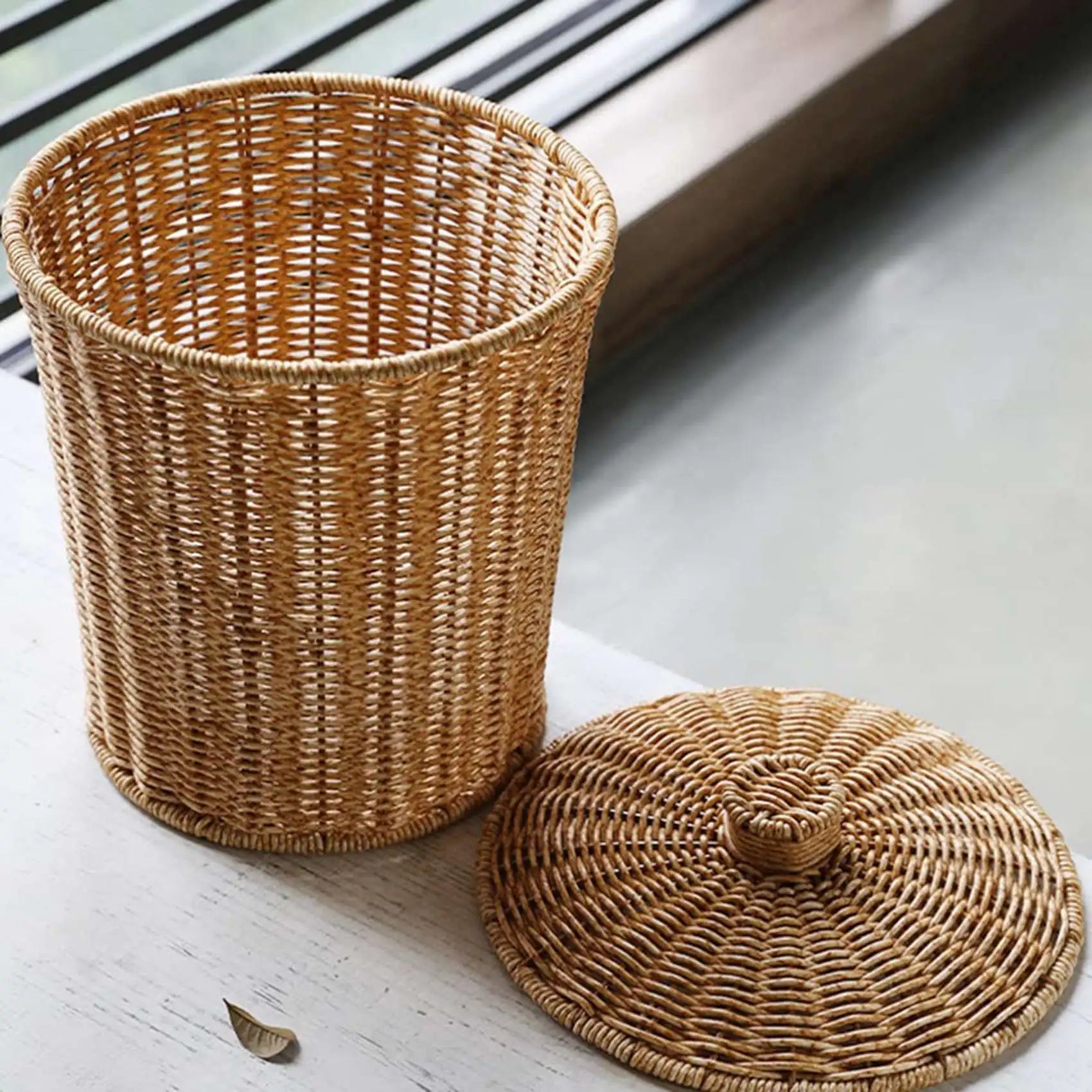 Woven Basket Trash Can Round Rattan