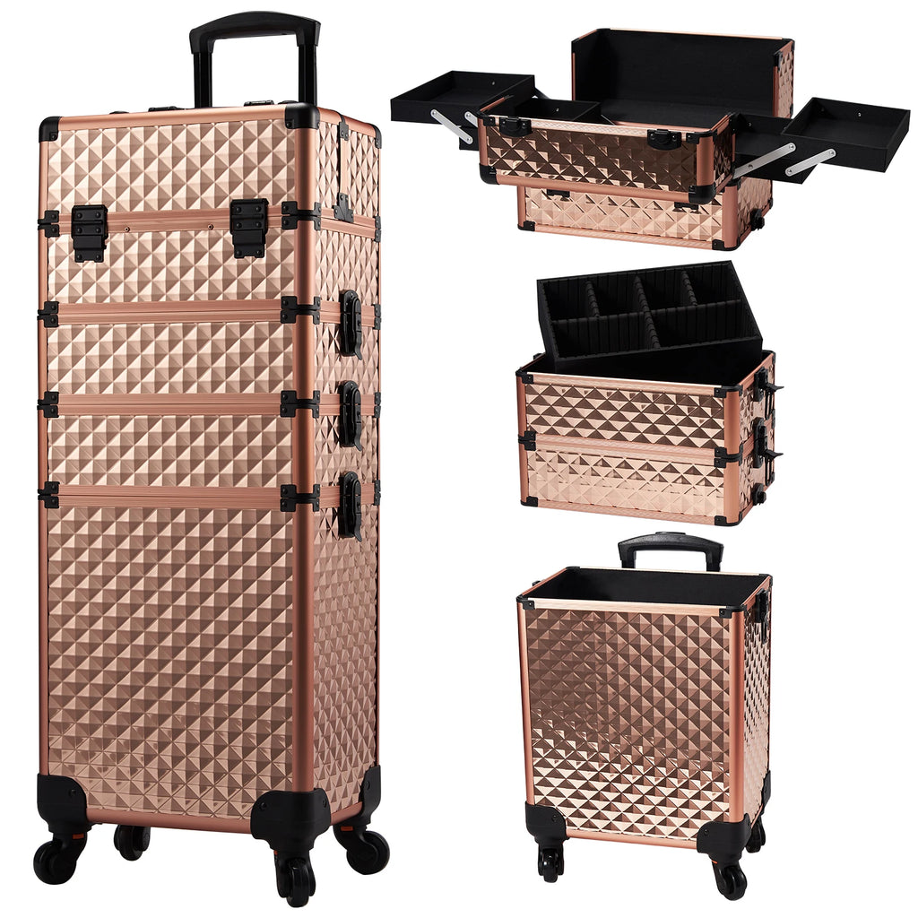 Makeup Trolley Case Detachable 4 in 1 Alloy Train Briefcase for Nail Manicure on Wheels Lock Salon Large Capacity Storage Case