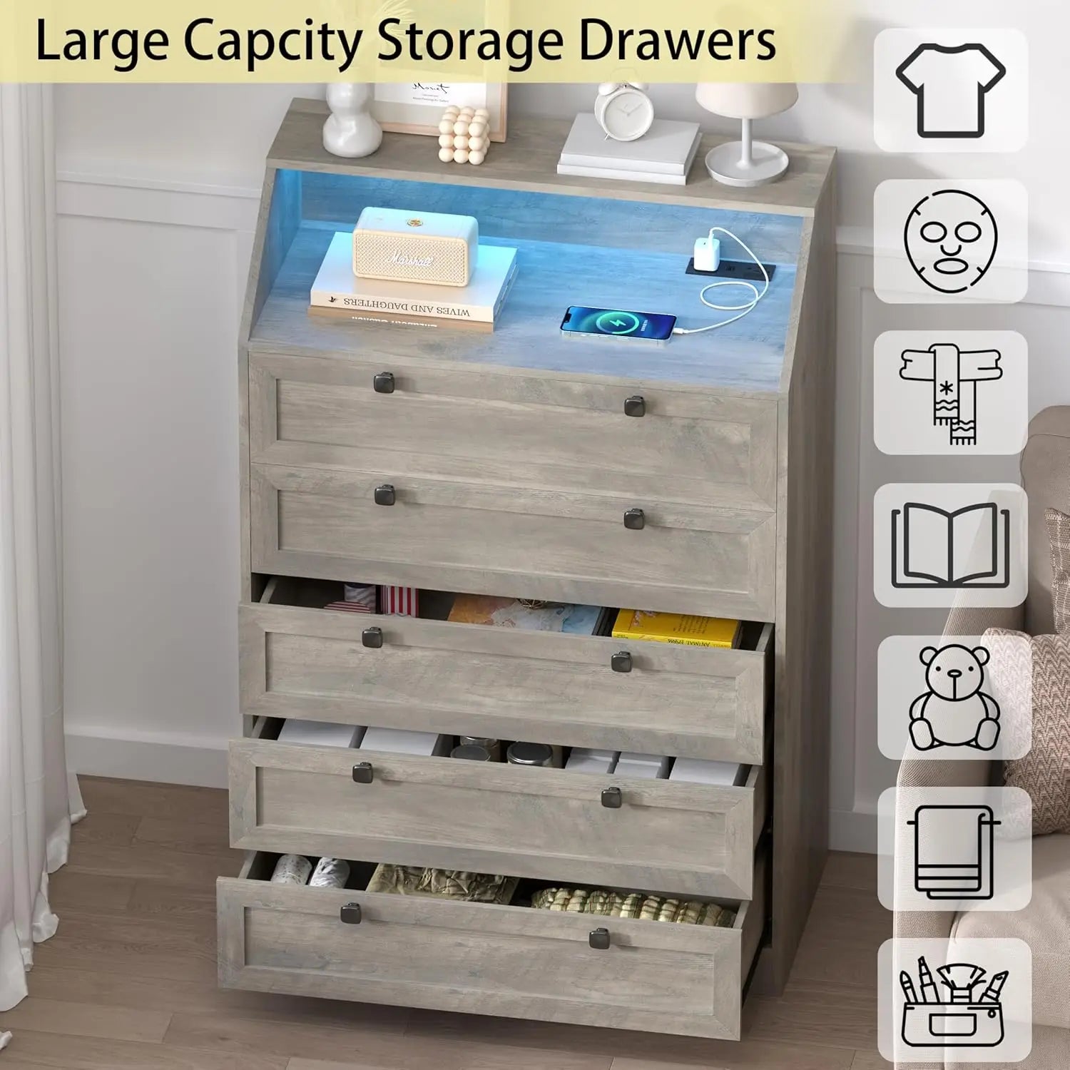 Wood Chest of Drawers with LED Lights, Charging Station