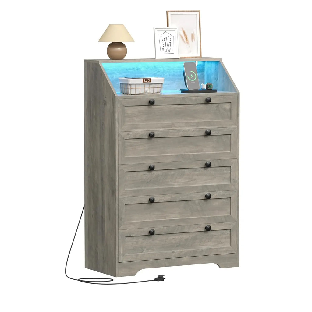 Wood Chest of Drawers with LED Lights, Charging Station