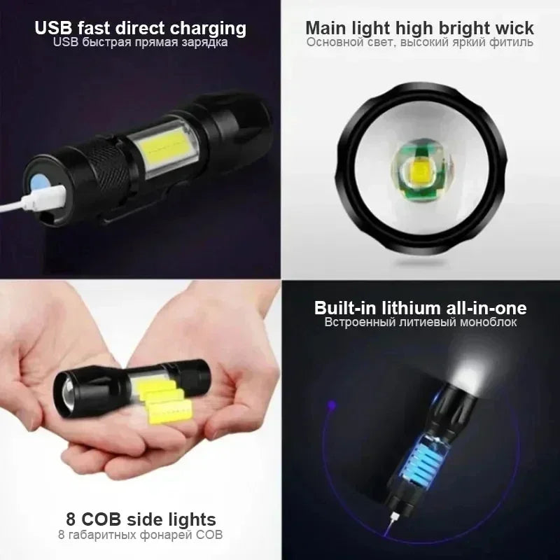 Mini Portable Flashlight Zoomable Rechargeable