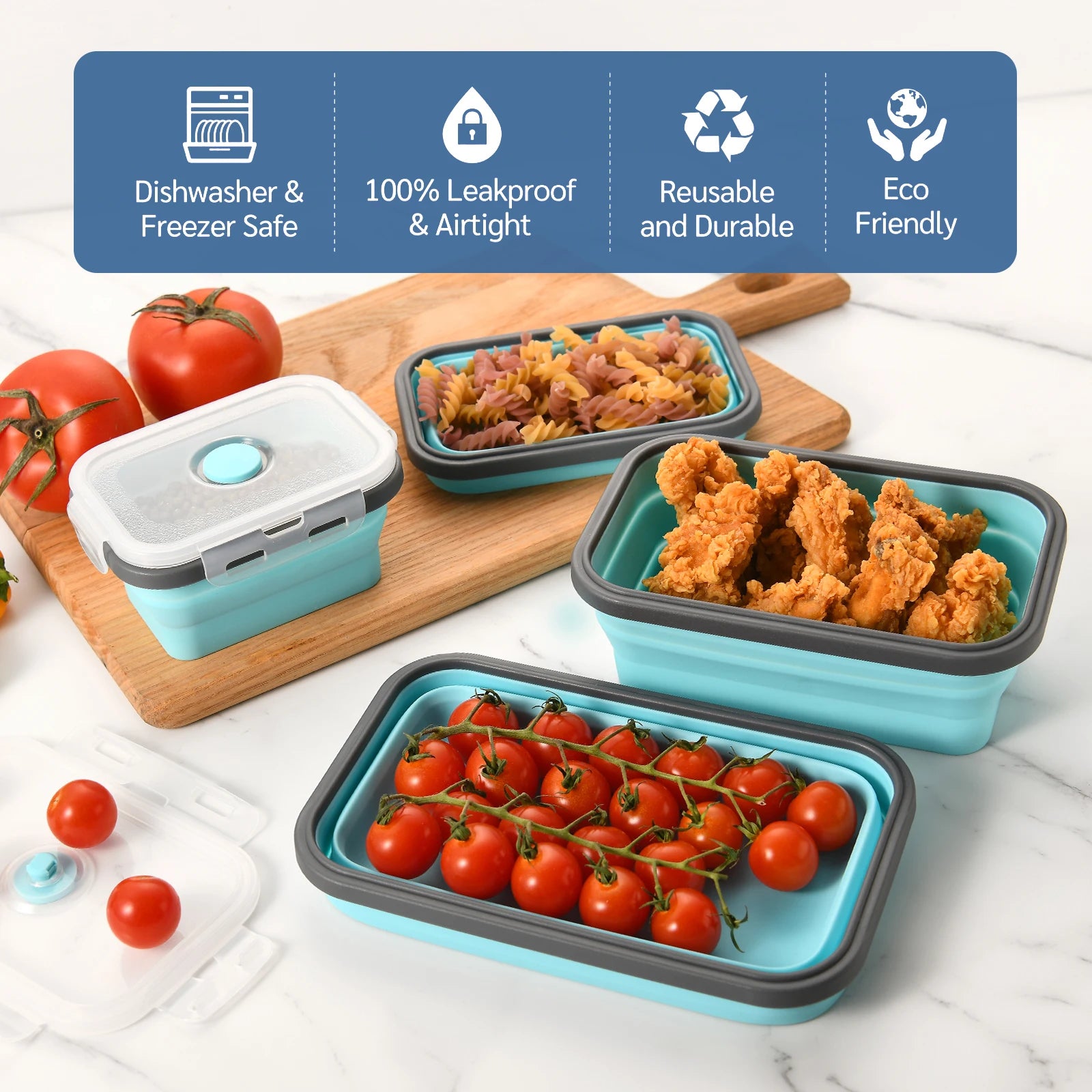 4 Pcs Blue Silicone Collapsible Square Food Storage