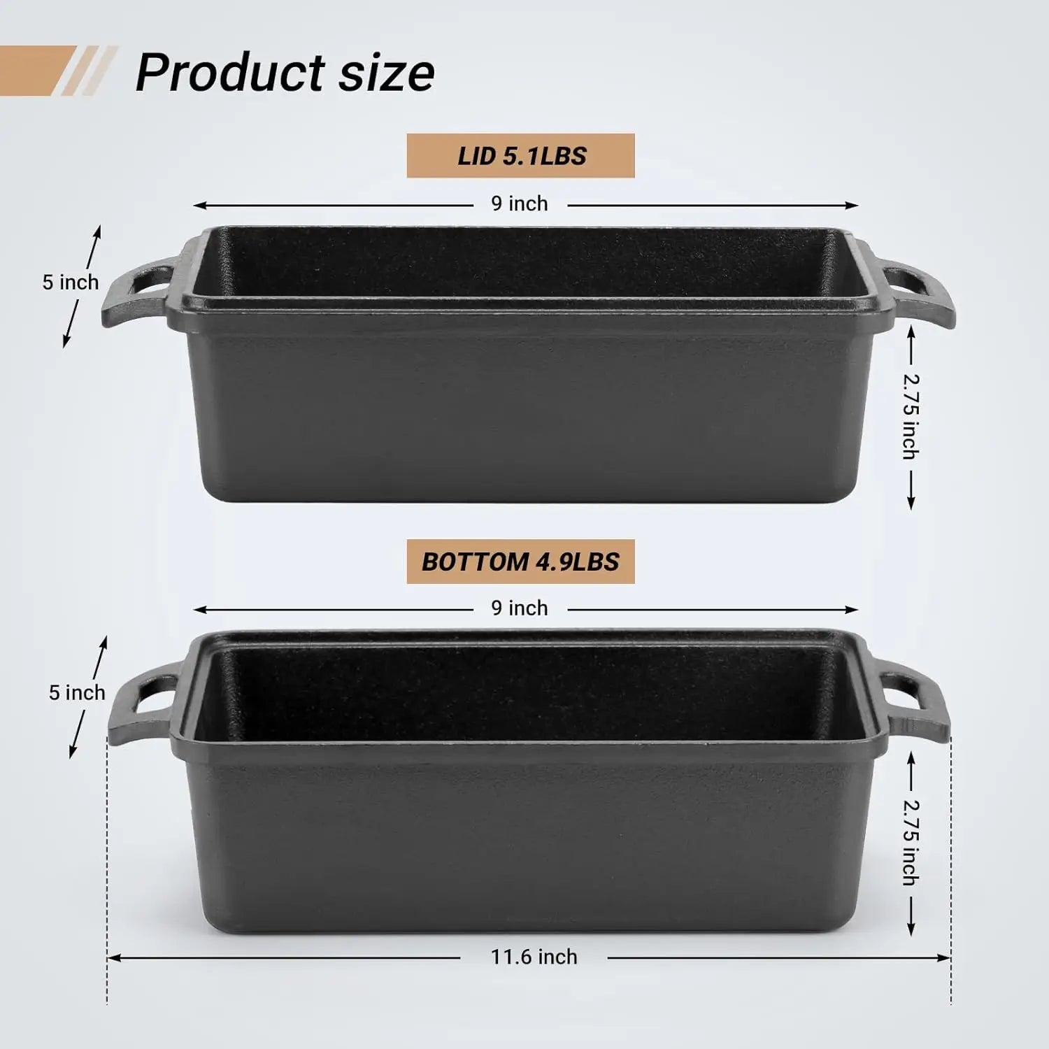 9x5 Inch Cast Iron Loaf Pan with Lid 2-Piece Set