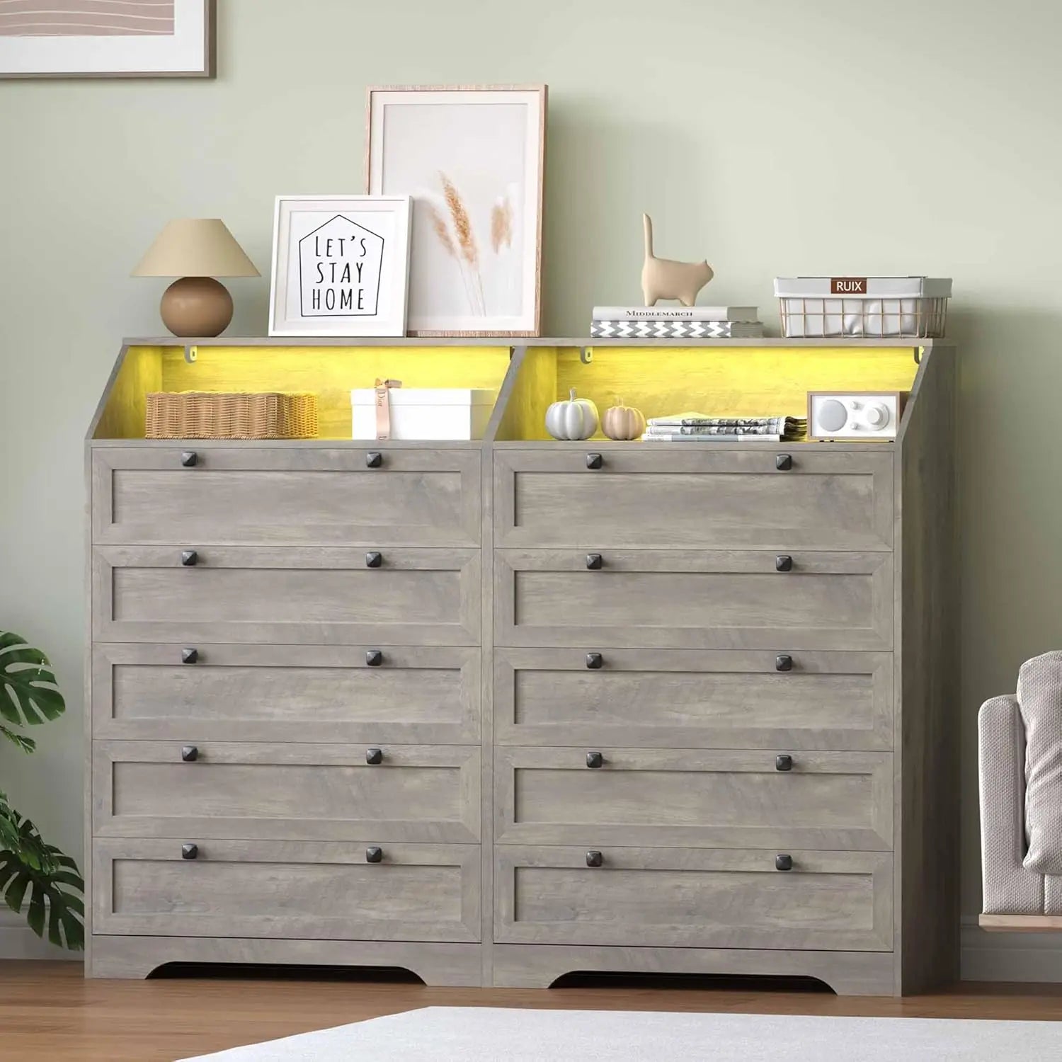 Wood Chest of Drawers with LED Lights, Charging Station