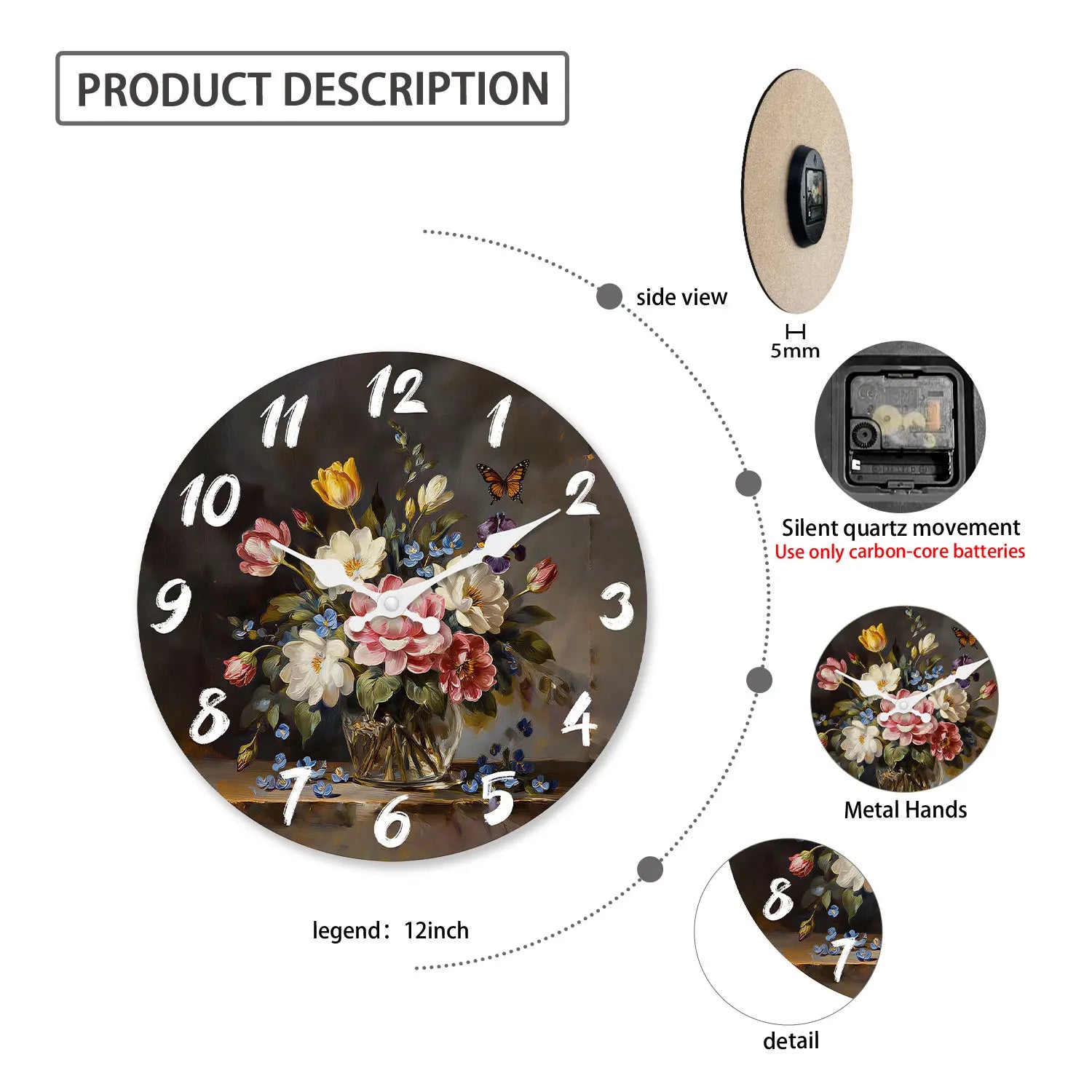 Floral Butterfly Wooden Wall Clock