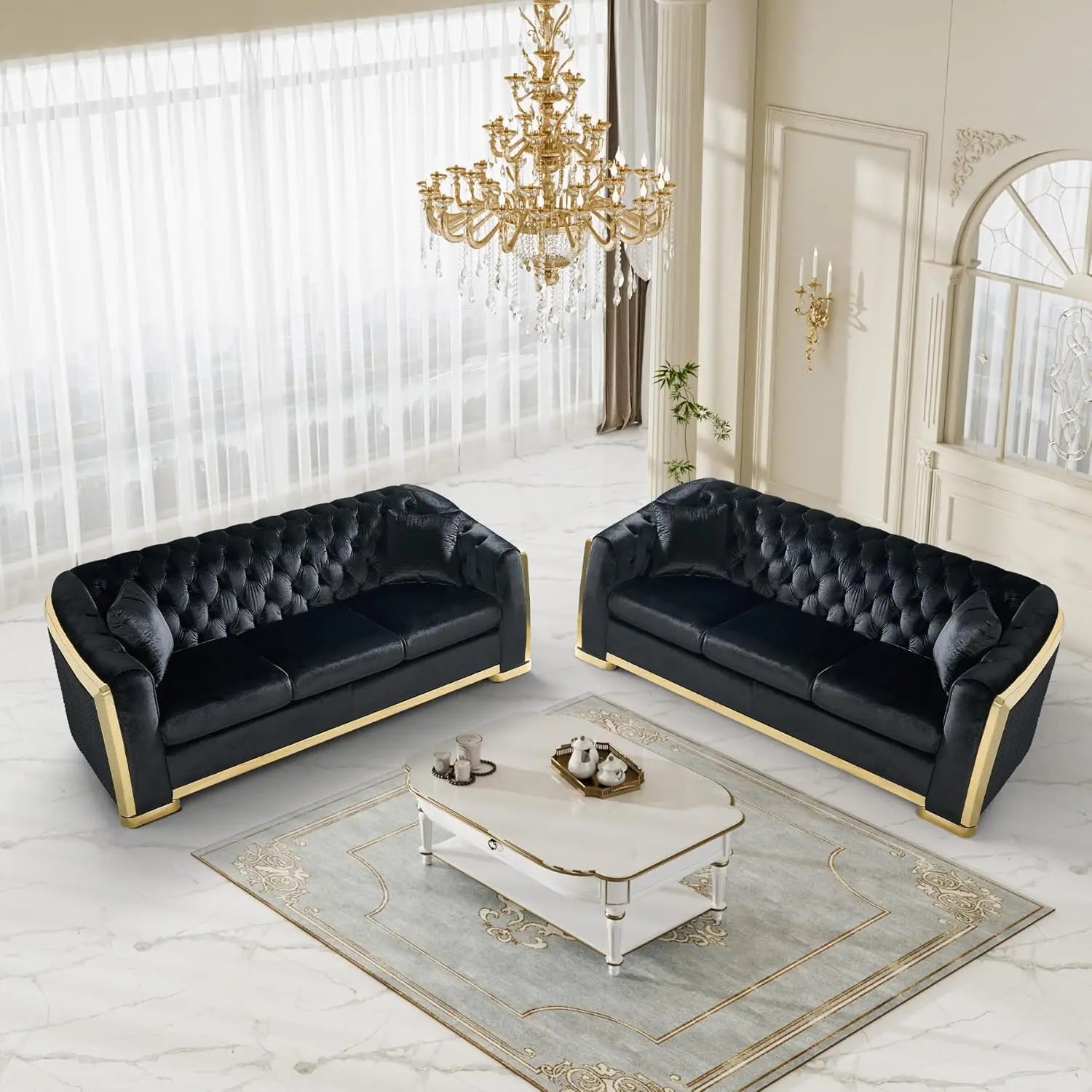 84" Velvet Couch Black And Gold