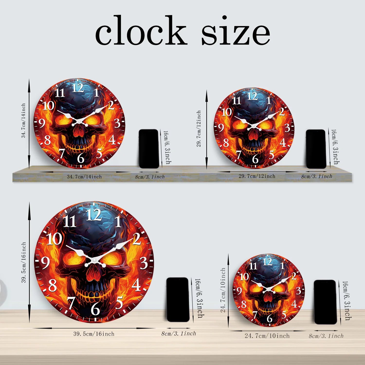 Flame Skull Pattern Wooden Wall Clock