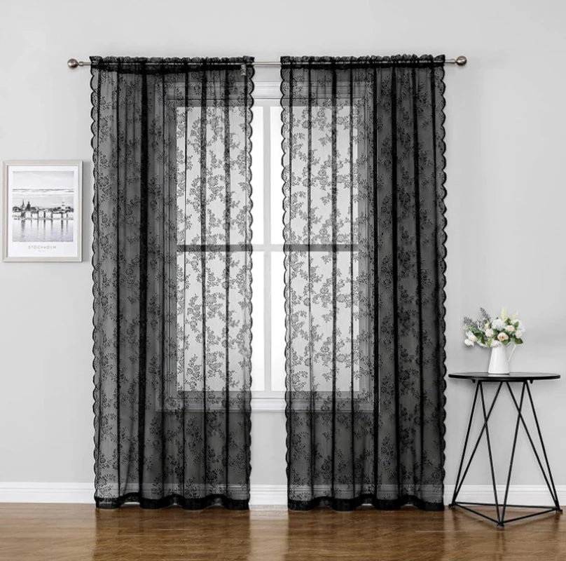 1pc Black Lace Floral Curtain