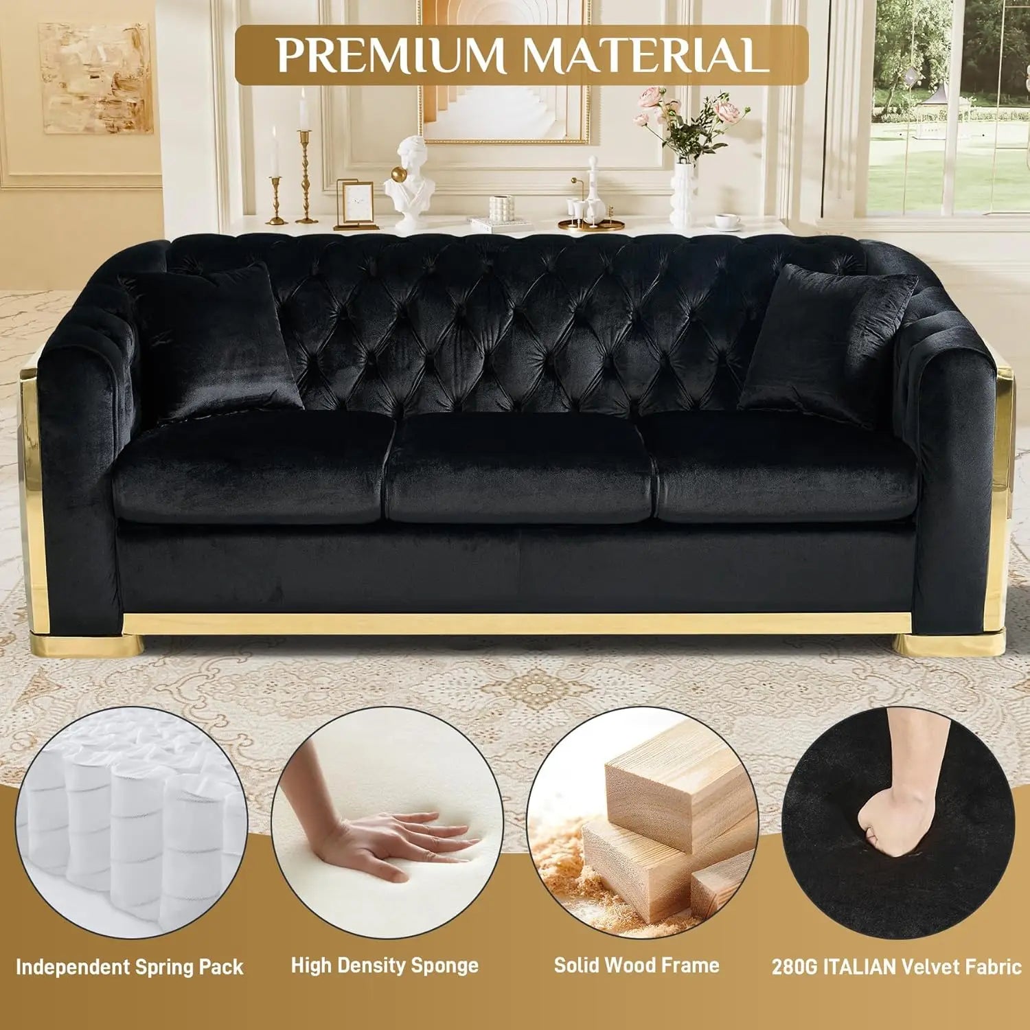 84" Velvet Couch Black And Gold